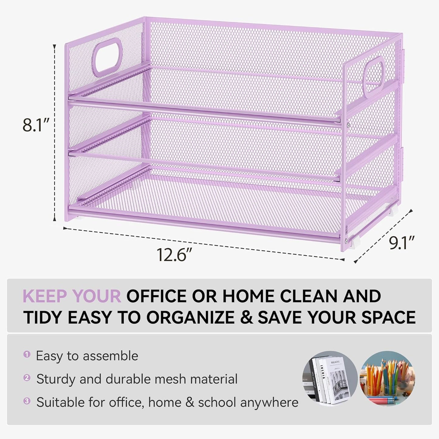 Subekyu 3 Tier Letter Tray Paper Organizer with Handle and 1 PC Sliding Tray, Purple Metal Mesh Desk File Folder Paper Sorter Organizer for Home Office School Desk Supplies Organization Storage