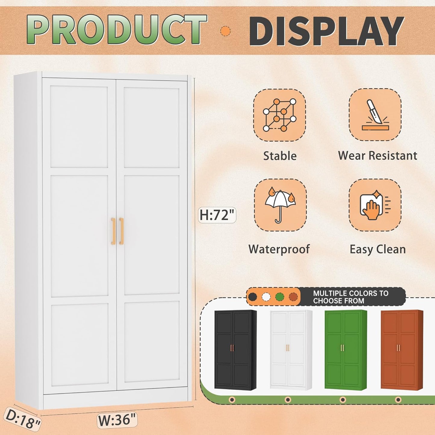 Greenvelly Metal Storage Wardrobe Cabinet, 72" White Metal Wardrobe Closet for Hanging Clothes with Doors and Shelves, Modern Steel Clothes Closet for Home, Office and Bedroom, School,Gym