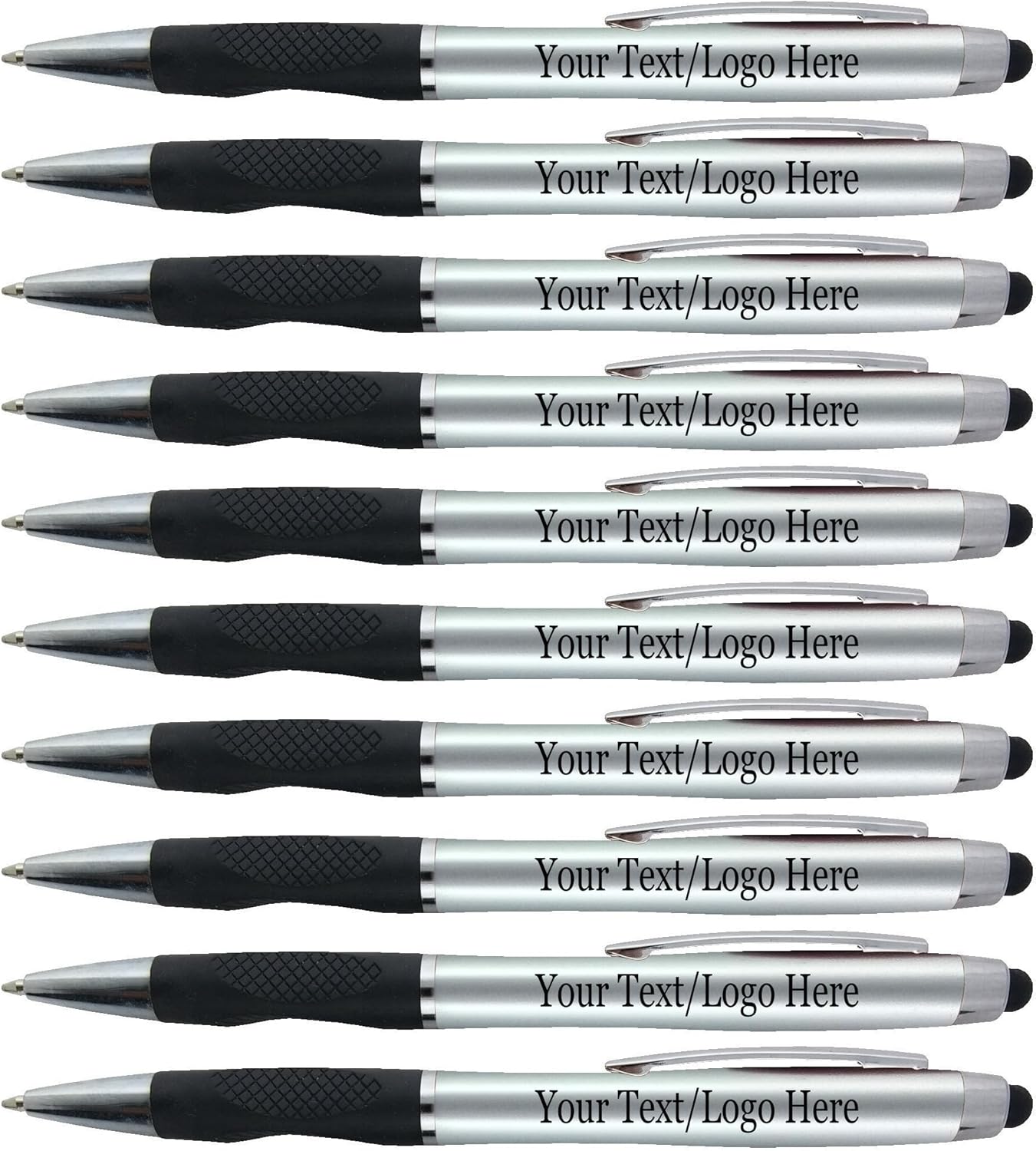 Personalized Pens With your Custom Logo or Text-300 Pack Bulk-for Businesses, Parties, and Events, 2 in 1 Ballpoint Pen + Capacitive Stylus for Touchscreen Devices, Silver Barrel, Blue Ink