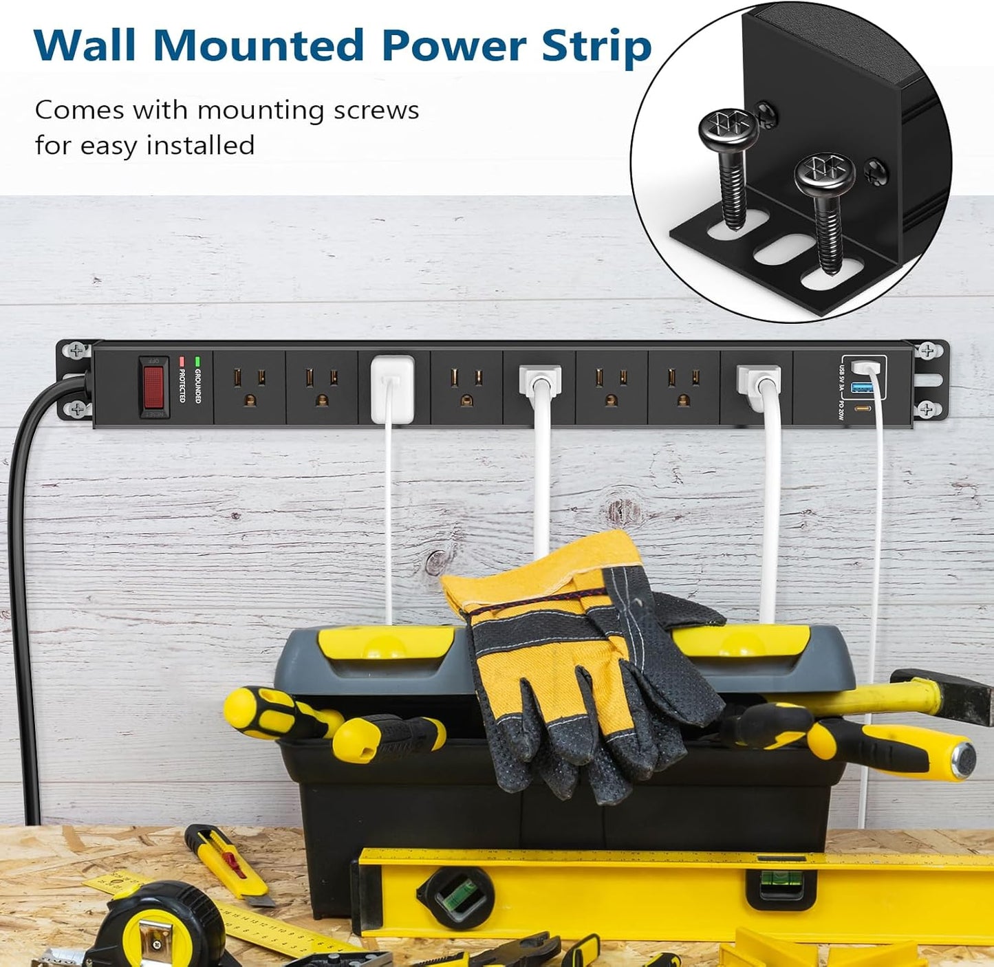 8 Outlet Heavy Duty Power Strip with USB PD 20W, BTU Surge Protector 6FT Cord Long Power Strip with USB A & USB C, Wide Spaced and Wall Mount Metal Powerstrip for Home Office Garage Workshop