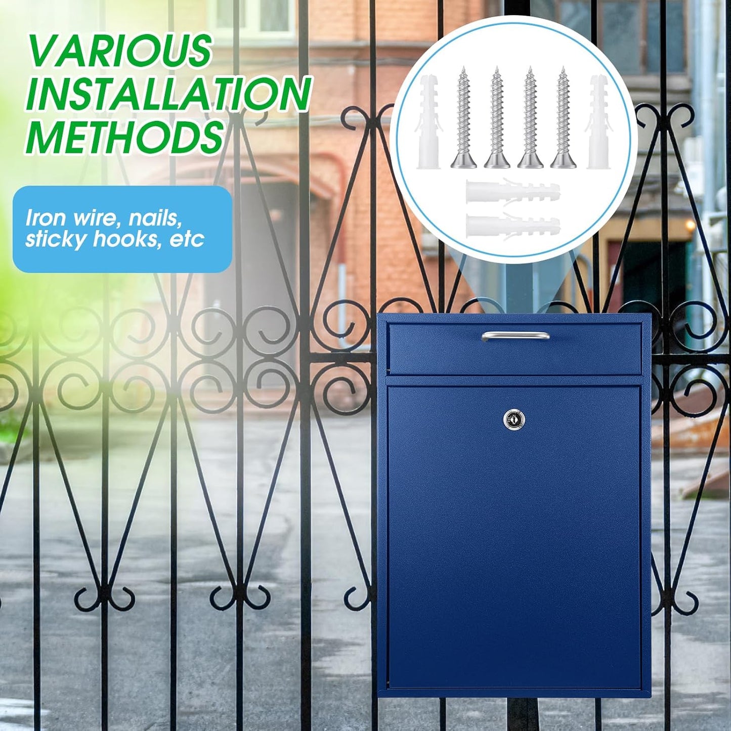 Locking Mailbox with Key for Outdoor 16.2 x 11.2 x 4.7 Inches Large Wall Mount Mail Box with Lock Security Mail Drop Metal Collection Boxes Hanging Secure Postbox(Dark Blue)