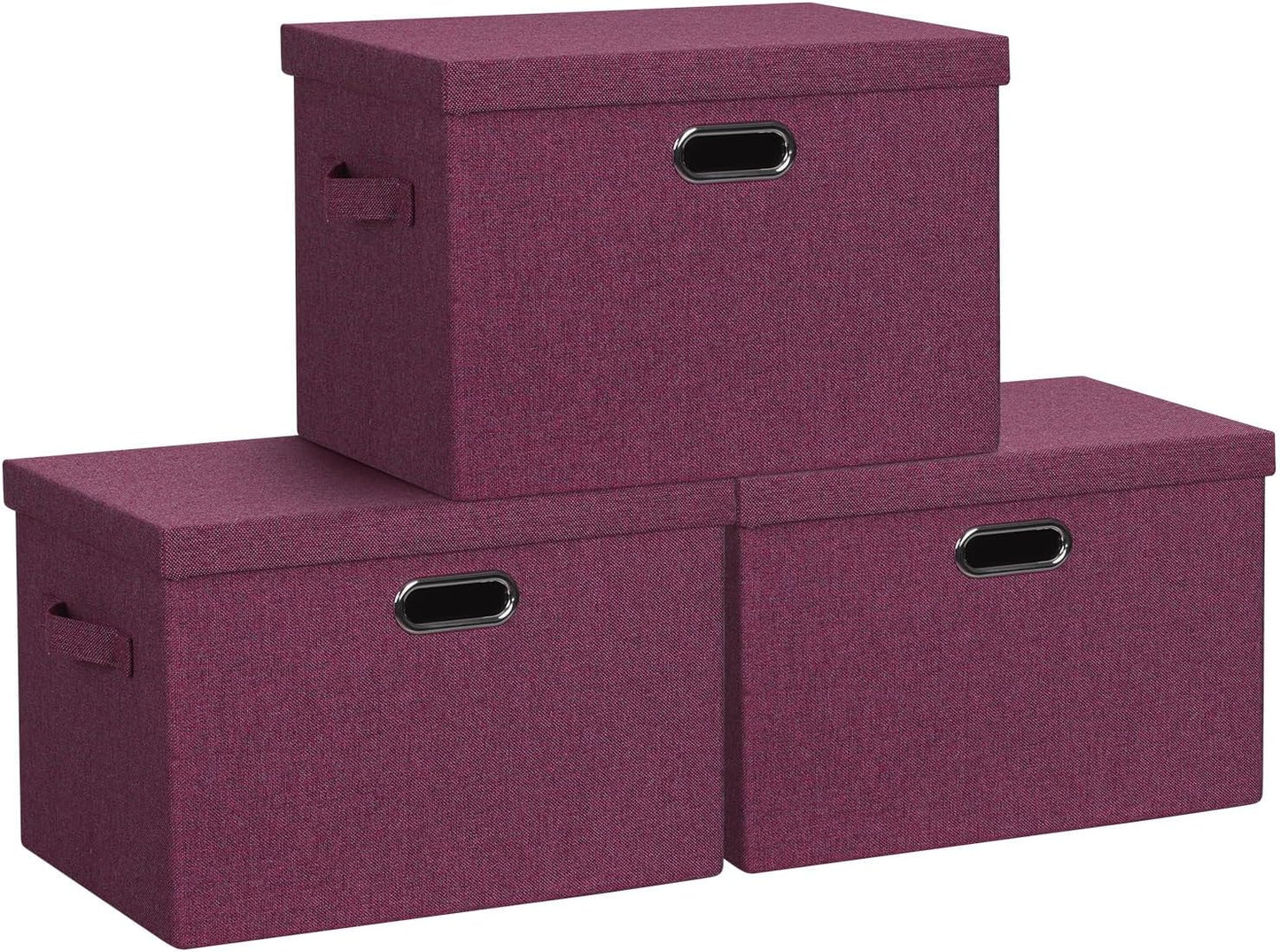Large 17" 36 Quart Collapsible Stackable Storage Bins with Lids, 3 Packs Purple Linen Fabric Closet Boxes with Lids, Storage Cube Baskets Container Organizers for Bedroom Office (17x12x11)