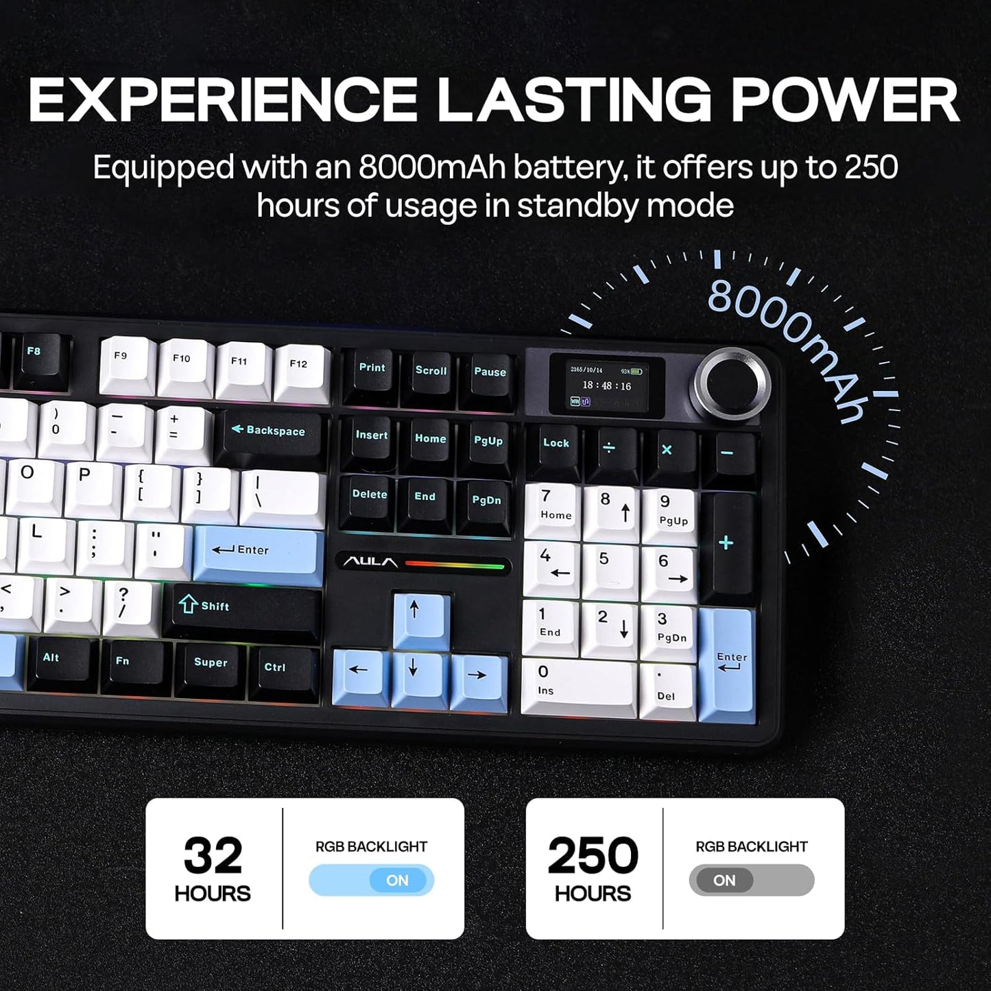 EPOMAKER X Aula F108 PRO Wireless Gaming Keyboard with Screen, 8000mAh Battery, 104 Hot-Swappable and Programmable Keys and Knob, RGB Backlight, for Mac/PC/Android (Blue&White&Black)