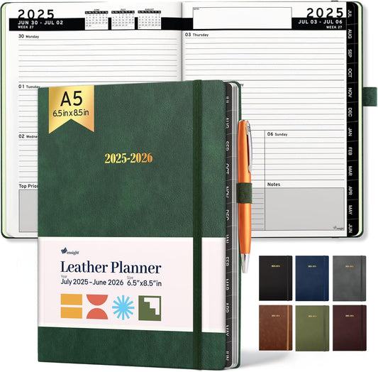 Ensight 2025-2026 HARDCOVER Leather Planner Weekly & Monthly - 6.5x8.5 Inches - Academic Planner Business Personal or Student - Pen Holder, Thick Paper, July 2025 - June 2026 (Green)