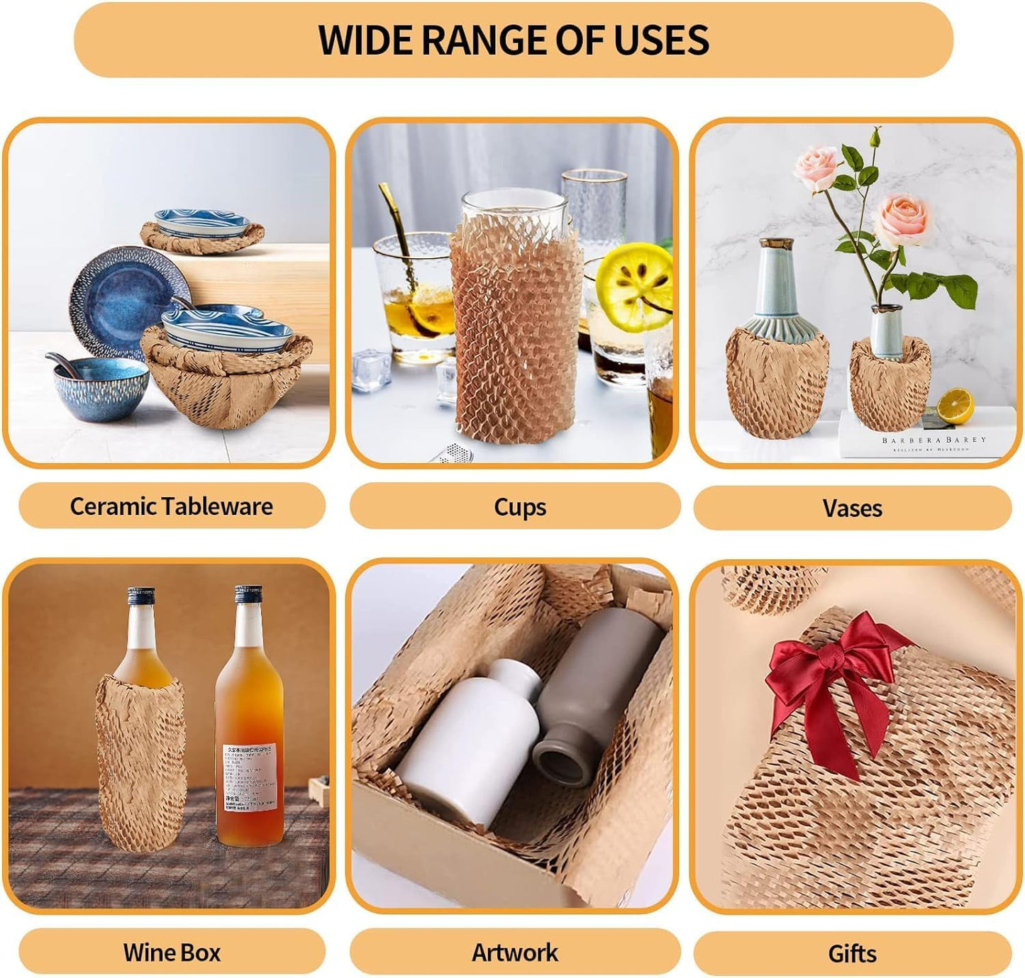 Honeycomb Packing Paper, HONSREO 15in x 300ft Eco Friendly Recyclable Cushioning Material, Bubble Wrap for Moving Shipping Breakable Supplies with 20 Fragile Sticker Lables (Brown)