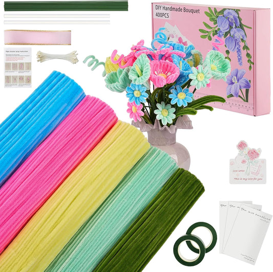 5 Mixed Macaron Colors Chenille Stems Bulk，400 Pcs Pipe Cleaners Craft with Floral Wires, Gardening Tape,Greeting Card,Bouquet Paper,Hot Glue Stick,Stamen & Ribbon，Ideals for DIY School Projects