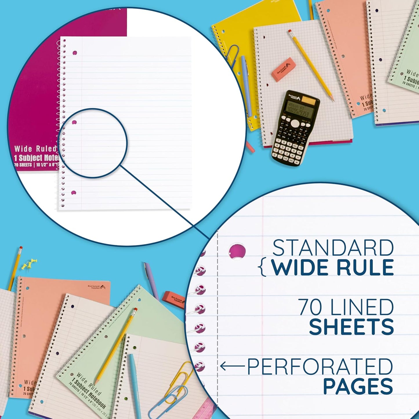 Blue Summit Wide Ruled Spiral Notebooks Bulk, 1 Subject Spiral Notebook Wide Ruled, Paper School Bulk Notebooks, 24 Pack