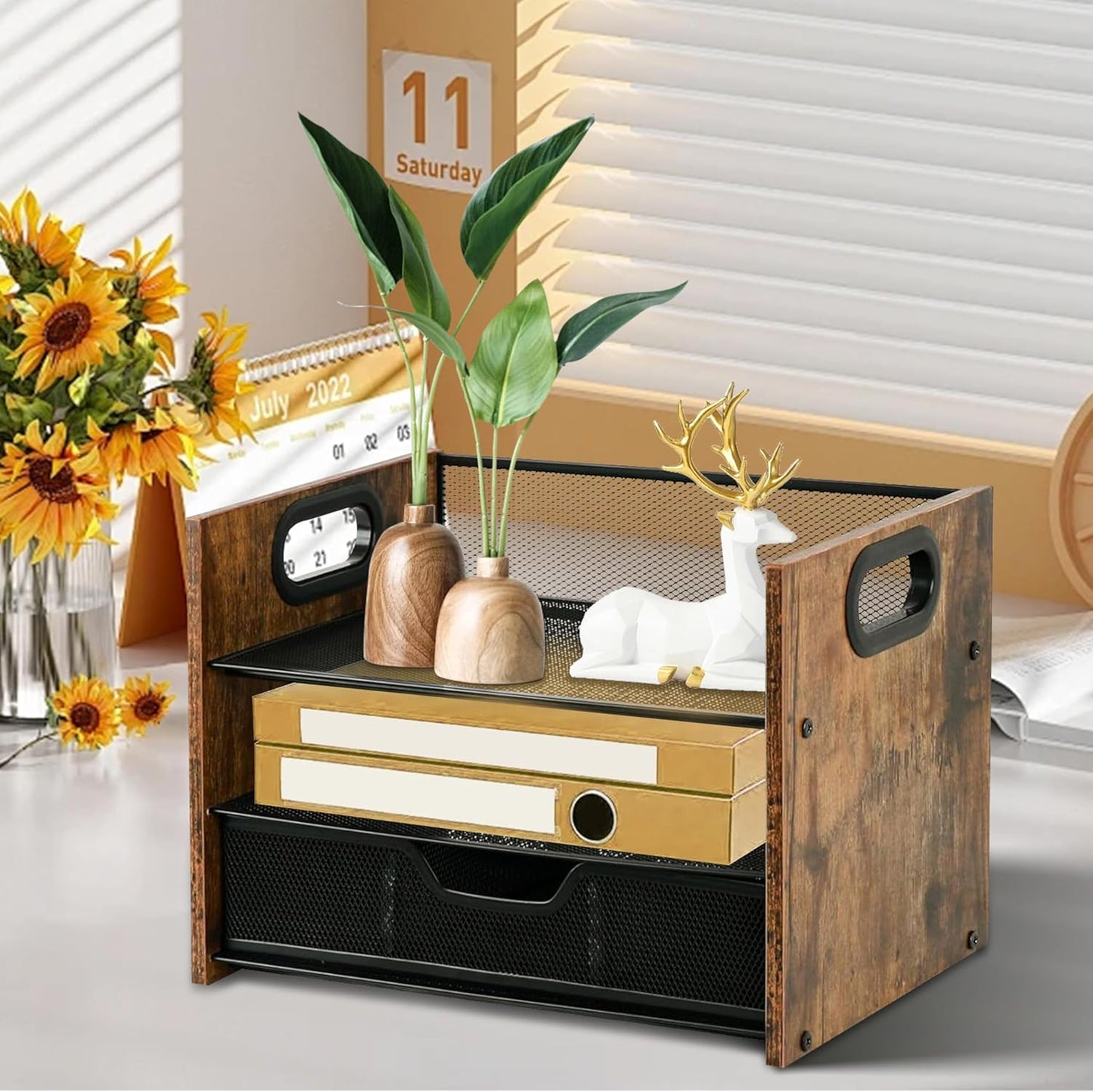 Wood Desk Organizer - 3-Tier Desktop File Organizer with Drawer, Wooden Paper Tray, Office Desk Organzier and Accessories for Papers, Mail, Notebooks, Stationery