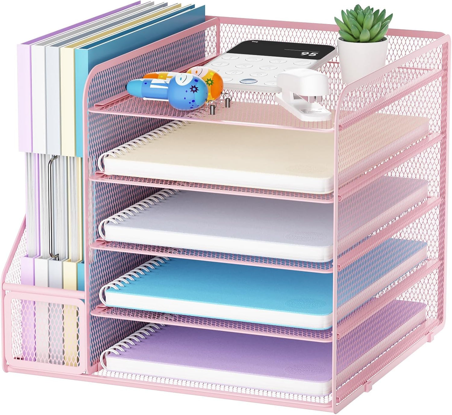 Marbrasse Desk Organizers and Accessories, 5-Tier Paper Letter Tray Organizer with File Holder, Mesh File Organizer, Office Desk Accessories & Organization for Supplies (Pink)
