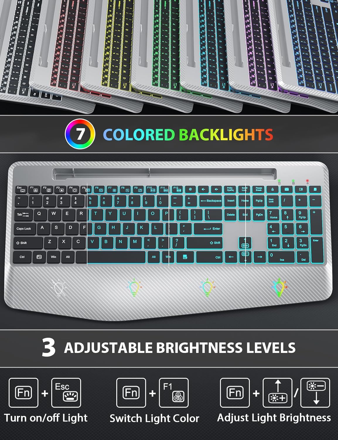 Wireless Keyboard and Mouse Backlits, Wrist Rest, LED Mouse, Rechargeable Ergonomic Keyboard with Phone Holder, Silent Light Up Combo for Computer, Mac, PC, Laptop, Chromebook (Silver Black)