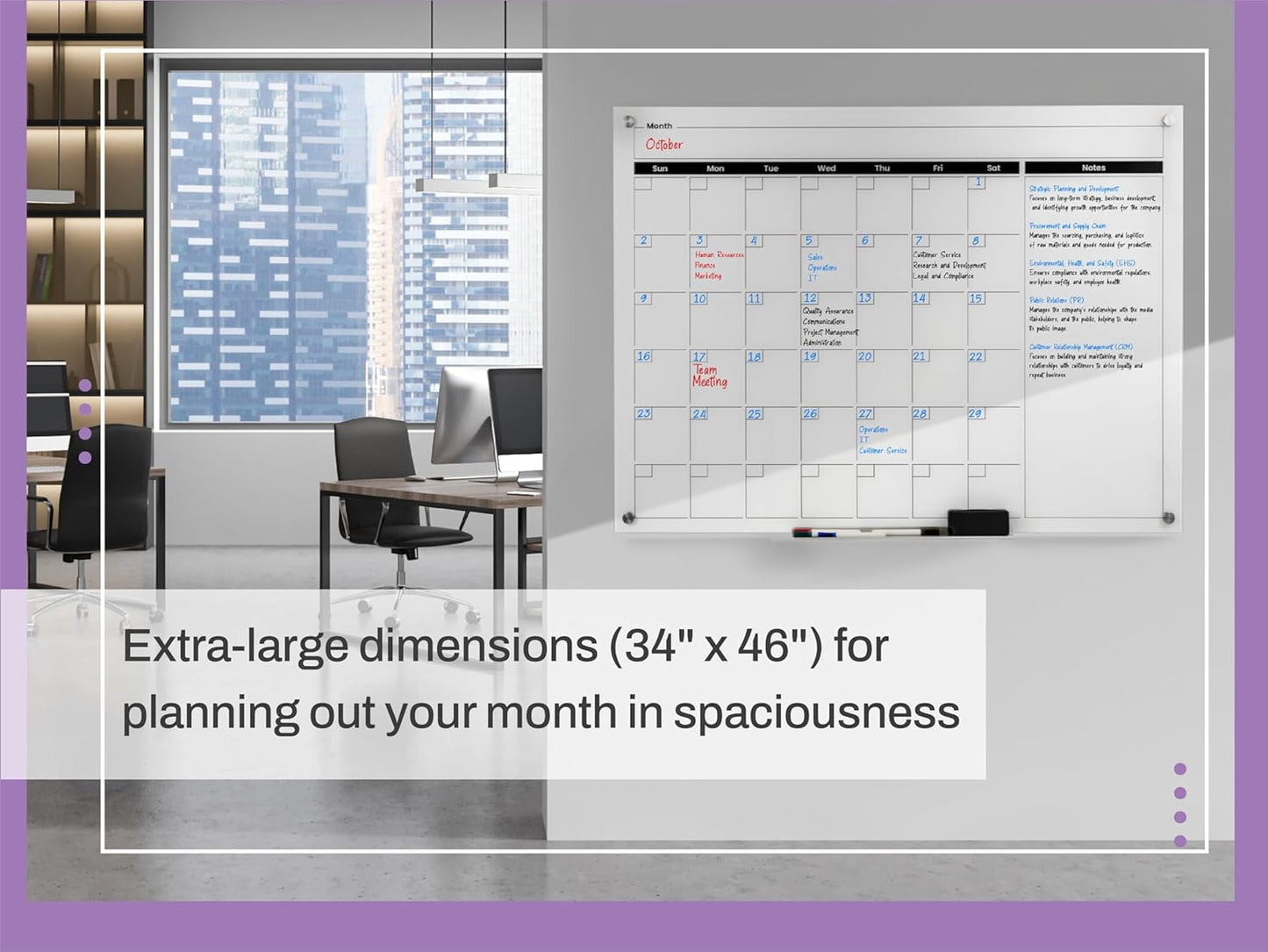 Real Glass Dry Erase Monthly Calendar, Giant Size 34" x 46", White Tempered Glass Surface, Frameless Wall Mount, with 4 Assorted Color Markers and Eraser, by Better Office Products (Bright White)