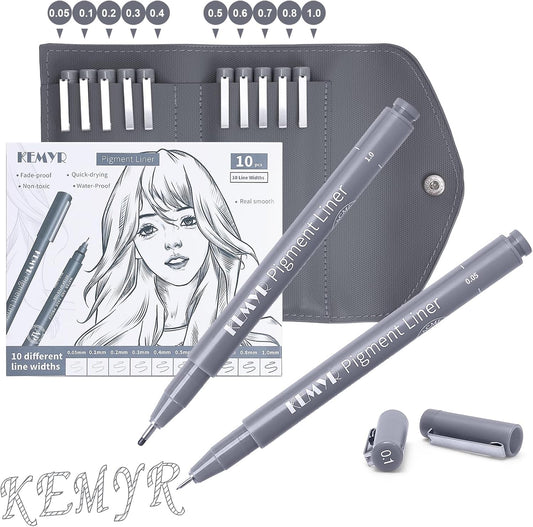 10 Micro Fine liner Drawing Art Pens Calligraphy Pens: 0.05mm-1.0mm Size Grey Art supplies Waterproof Archival Grey Ink Markers For Artists,Use for Professional Watercolor,Sketching
