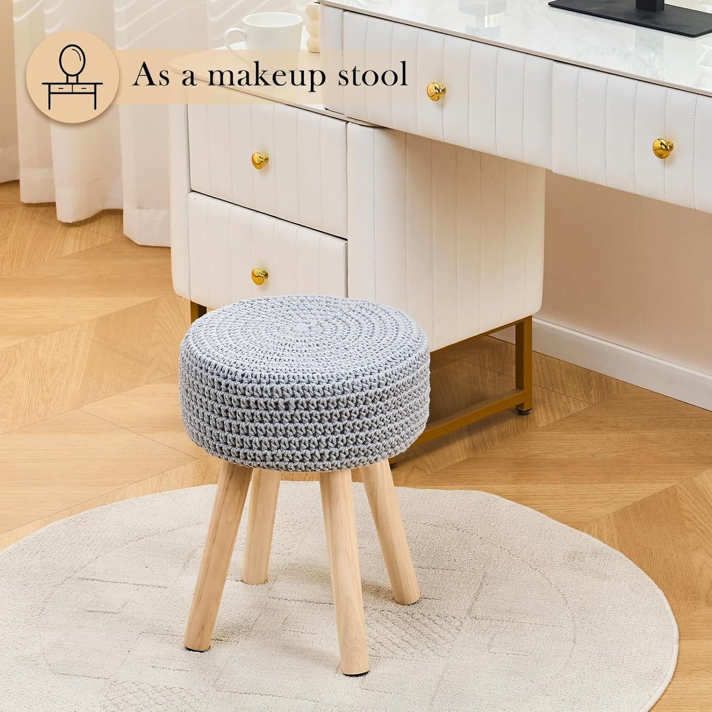 Cotton Knitted Ottoman Round Footstool Vanity Stool Modern Ottoman Footrest Stool with Non-Skid Wood Legs for Living Room Bedroom Grey