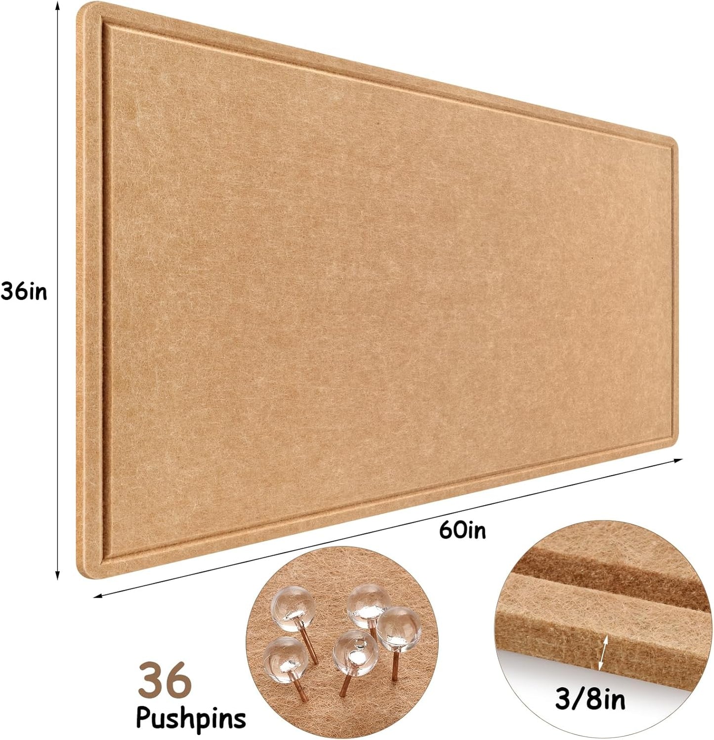 Large Bulletin Board, Foldable 60x36 Inches Cork Board Alternative, Large Felt Board Decorative Pin Board for Wall, Foldable Photo Board Self-Adhesive Vision Board with 36 Pushpins Brown