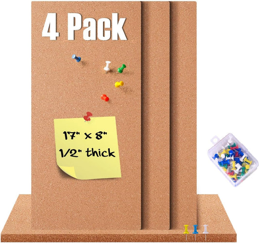 4 Pack Cork Bulletin Board 17"x8" - 1/2" Thick Cork Board Tiles,Self-Adhesive Frameless Cork Tiles Wall Decor for DIY, Office, School and Home Decor