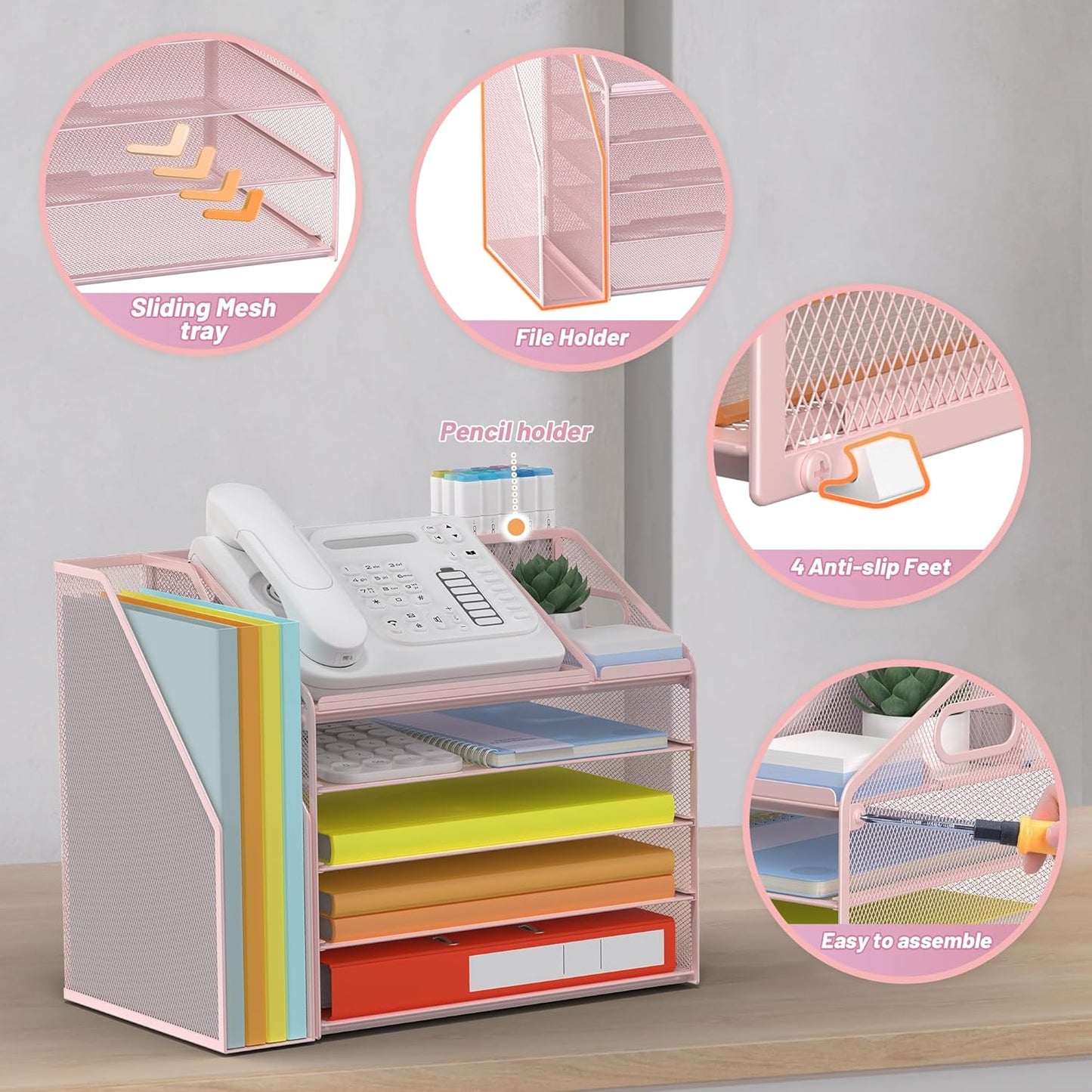 DocNest 5 Tier Paper Letter Tray File Organizer, Mesh Desk File with Handle, Workspace Desk Organizers with Pen Holder, Office Organization Storage Accessories - Pink