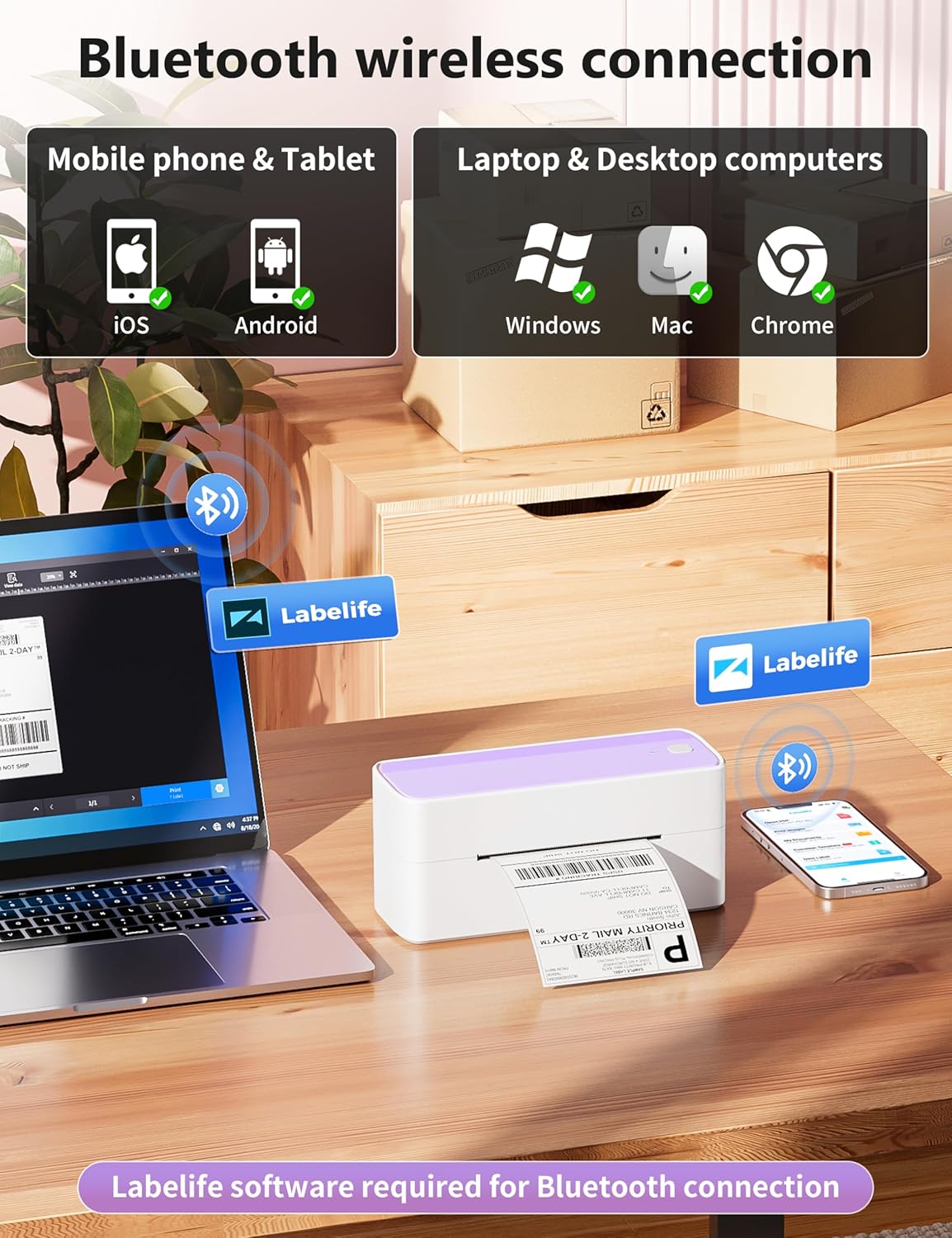 Phomemo Bluetooth Thermal Label Printer, 241BT 4X6 Wireless Shipping Label Printer for Small Business, Labels Printers for Shipping Package, Compatible with iPhone, Android, Purple