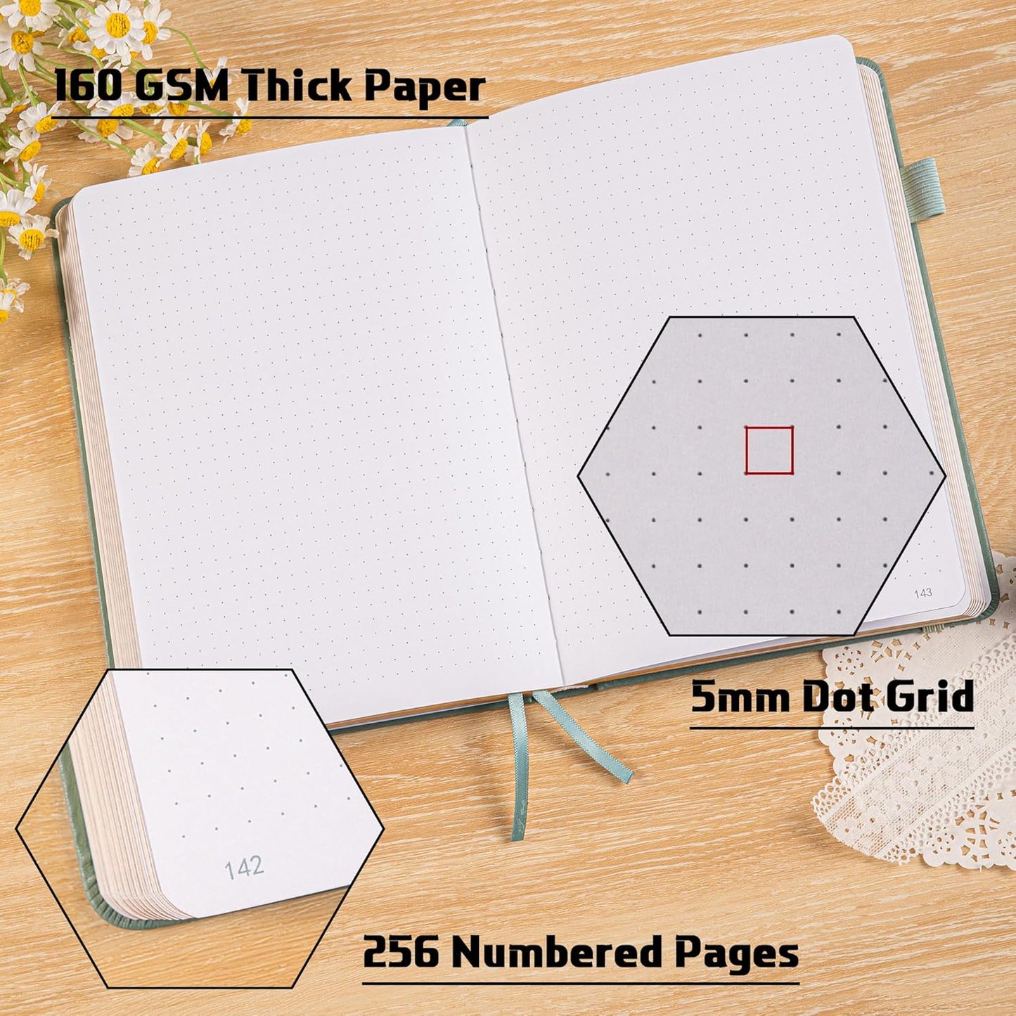 TIEFOSSI Bullet Dotted Journal Notebook, 160gsm 256 Numbered Thick Paper, A5 Hardcover Dotted Grid Diary for Women Men Work Writing, Bullet Journaling, Drawing, 5.8 x 8.3 in