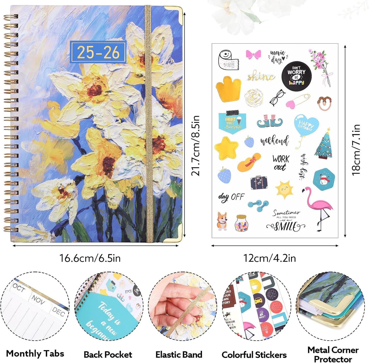2025-2026 Academic Planner, A5 (6.5" x 8.5") Weekly and Monthly Planner, July 2025 - June 2026, Calendar Planner with Tabs, Inner Pocket for Home School Office Supplies, Yellow Flower