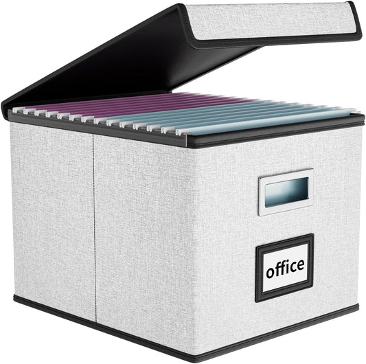 Huolewa Decorative File Storage Organizer Box with Lid, Portable Collapsible Linen Hanging Filing & Storage Boxes for Office/Decor/Home (White) - 14.9 x 12.7 x 10.8 inch - 1Pack