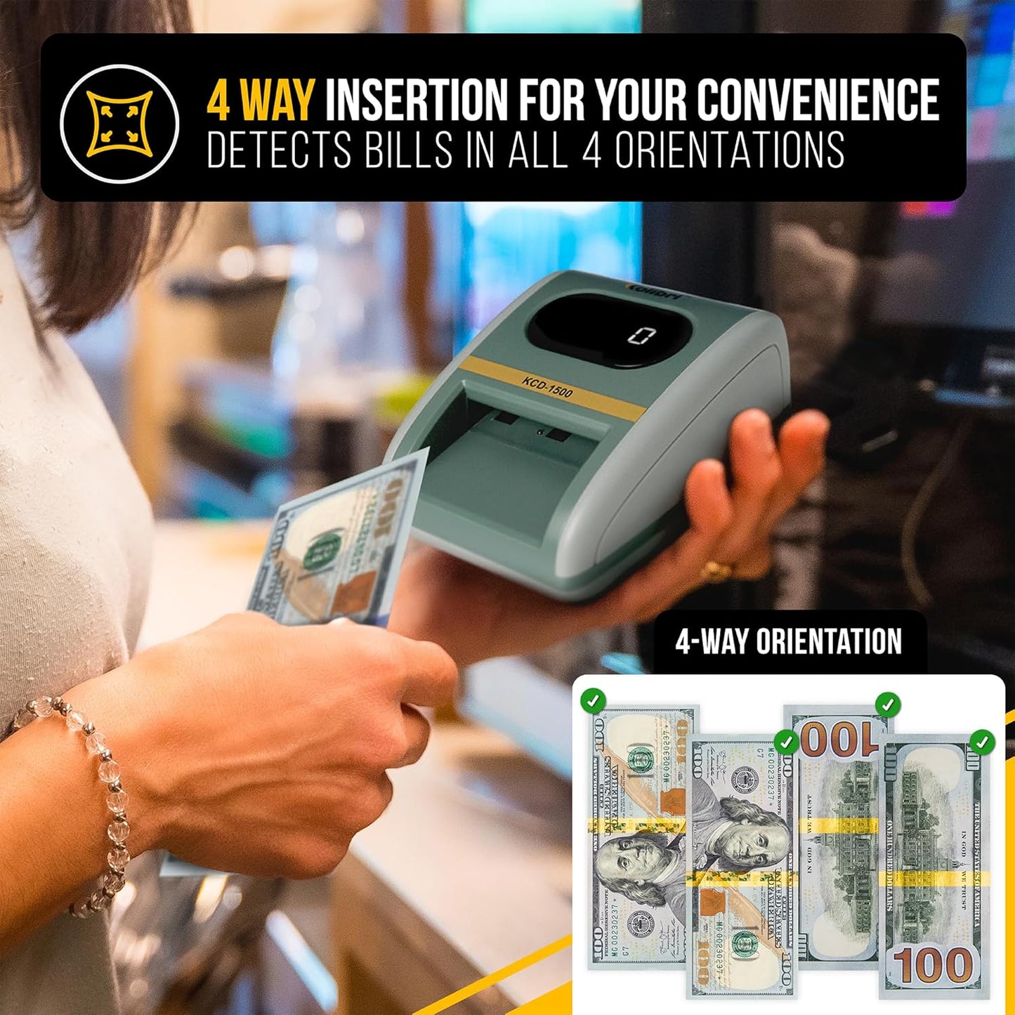 Kolibri KCD-1500 4-Way Orientation USD Counterfeit Money Detector and Bill Value Reader with UV, MG and IR Detection for Small Businesses (Battery not Included)