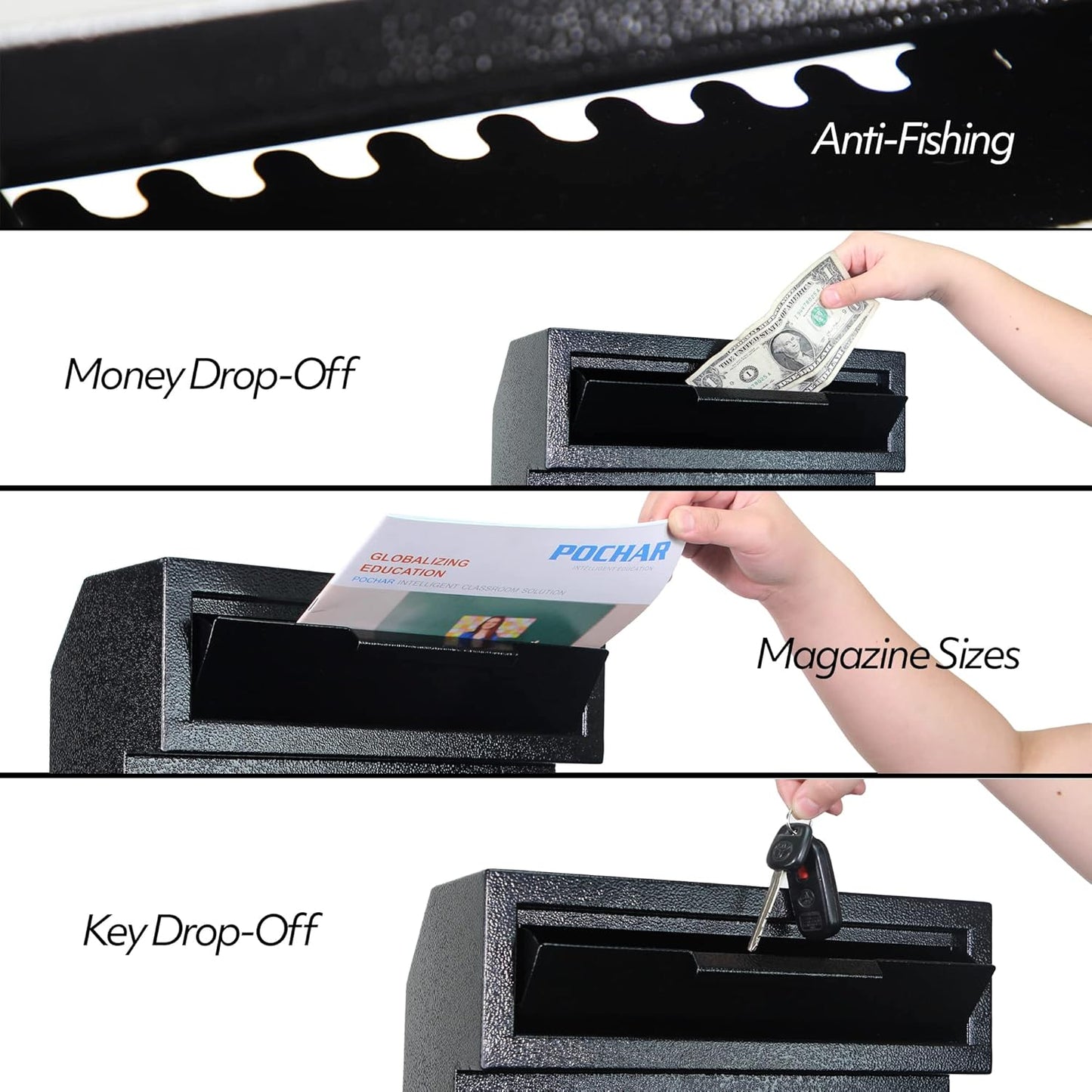 POCHAR Through The Door Drop Box with Lock, Heavy Duty Door Mailbox for Cash Rents Deposit Payments Checks, Steel Large Key Drop Box for House Office Apartment, Security Anti-Theft Dropbox, Black