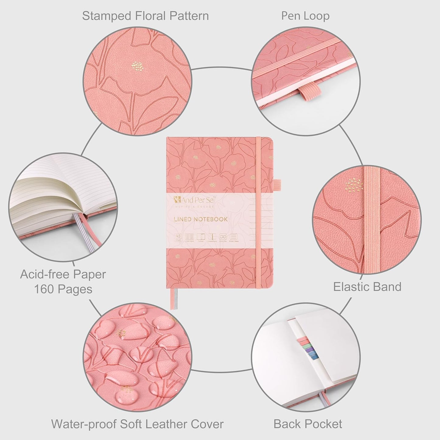 &And Per Se Lined Journal Notebook for Women&Men with Pattern, 160 Pages 100GSM Thick Paper, A5 Hardcover Journals for Writing(1 Pack, Peach Pink)