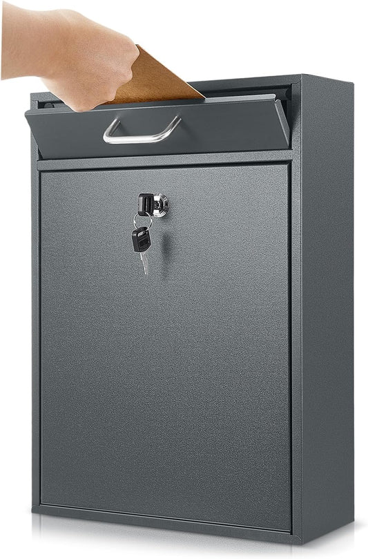 Locking Mailbox with Key for Outdoor 16.2 x 11.2 x 4.7 Inches Large Wall Mount Mail Box with Lock Security Mail Drop Metal Collection Boxes Hanging Secure Postbox(Dark Gray)