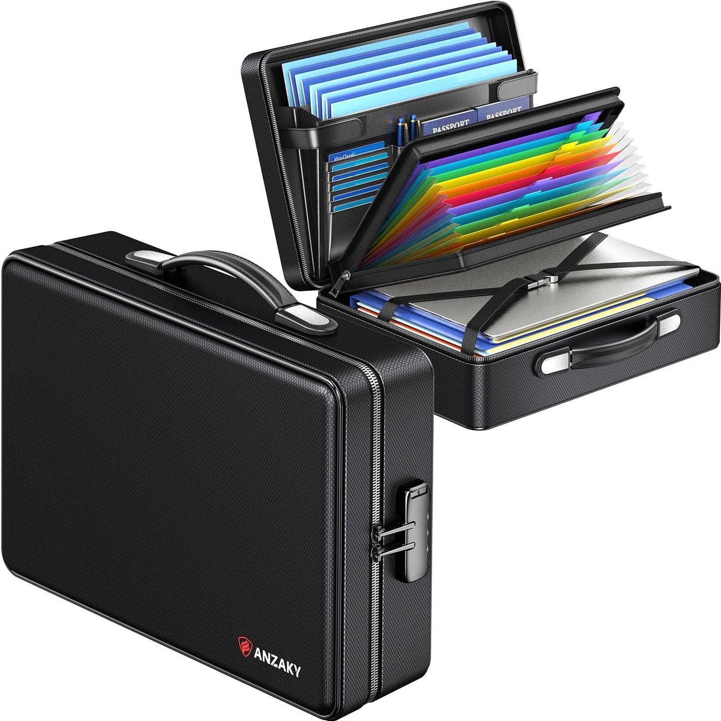 Fireproof Document Box with Fireproof Zipper, Hard Inner Shell Fireproof Document Bag with Lock, Fireproof Water Resistant Important Document Organizer 16 inch Laptop File Briefcase (Black)