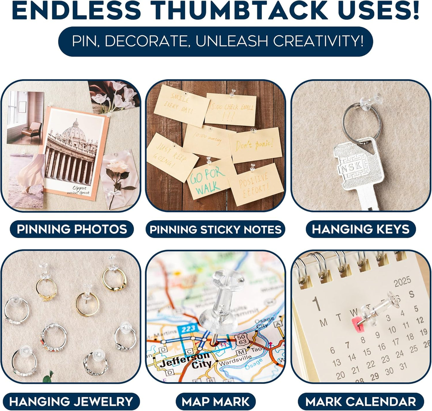 150 Pack Assorted Clear Push Pins by Luxurecourt for Bulletin Board, Wall Hanging, Cork Board, Shadow Box Display - Includes Flat Head Thumbtacks & Standard Pushpins in Plastic Resuable Storage Box.