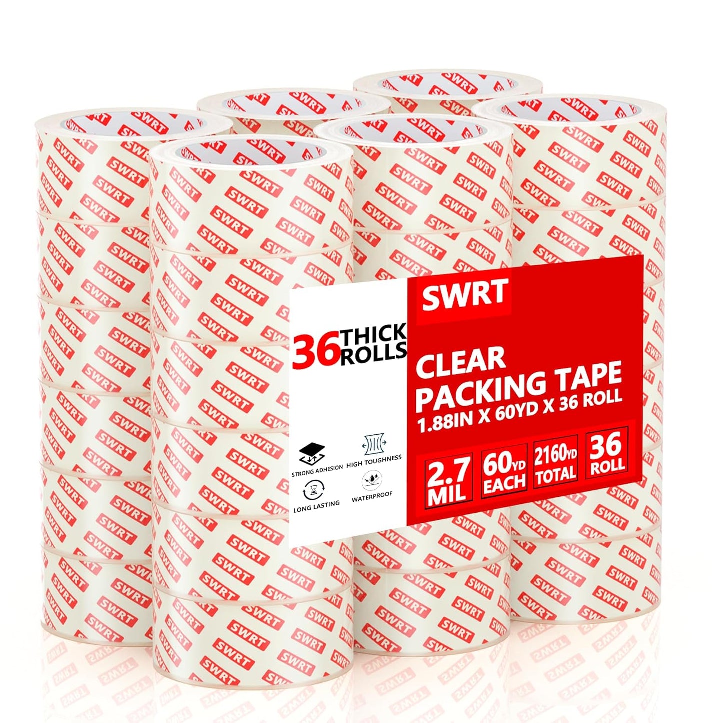 SWRT 2.7Mil Thick Ultra Clear Packing Tape, 36 Rolls Heavy Duty Packaging Tape for Shipping Packaging Moving Mailing, Thicker Sealing Tape-1.88" x 60 Yards Per Roll, 2160 Total Yards