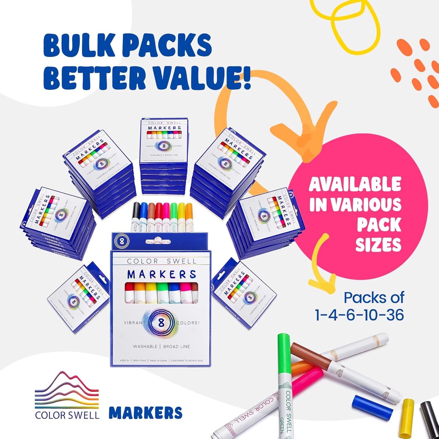 Color Swell Bulk Washable Markers (288 Total) – 36 Packs, 8 Colors per Pack – Ideal for Teachers, Kids, Party Favors, Classrooms, Donations, Students - Broad Line Bulk Markers
