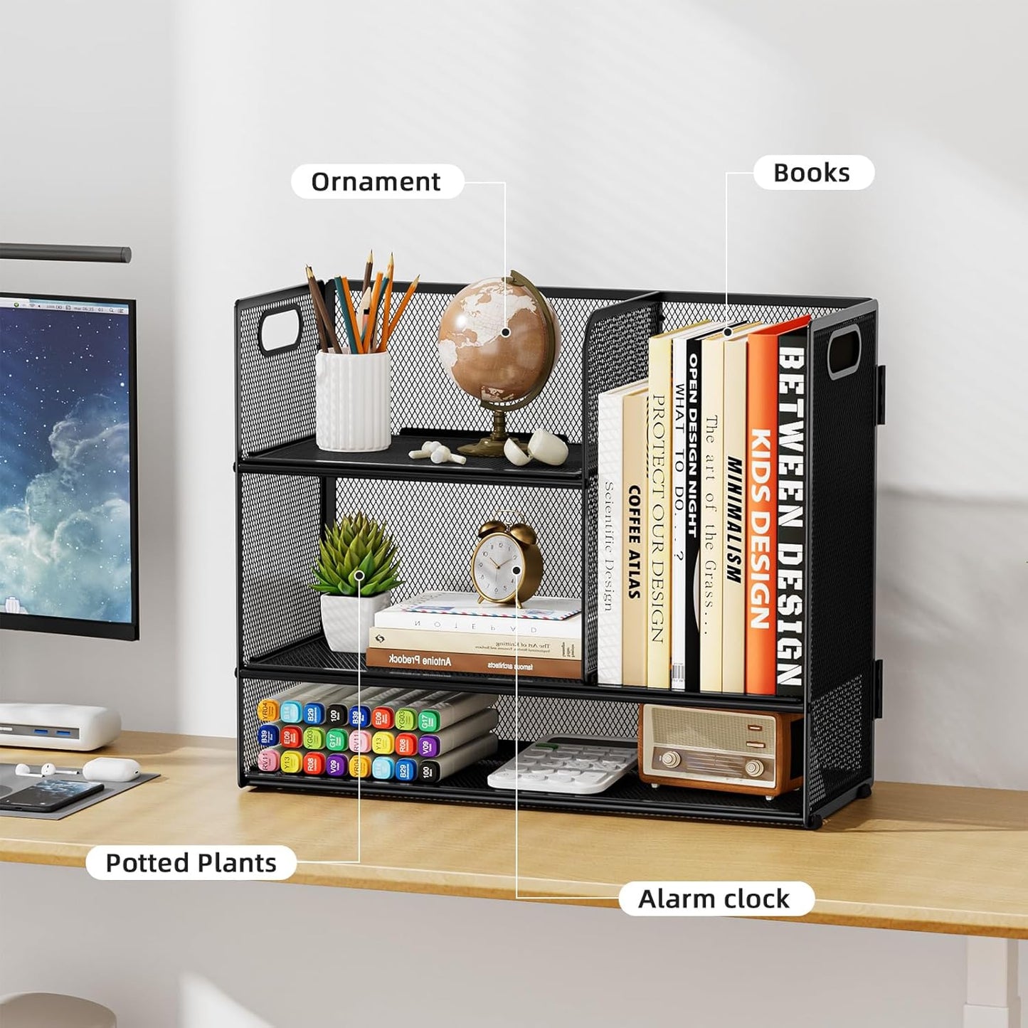 Marbrasse 2-Tier Desk Shelf Organizer with Handle, Desktop Bookshelf File Holder, Mesh Display Shelf Organizer Storage Rack for Office, Home, Supplies, Kitchen (Black)