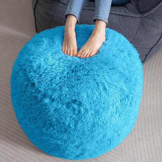 HIGOGOGO Round Stuffed Pouf Ottoman, Long Faux Fur Poufs with Foam Chunk Filling, Fluffy and Furry Pouf Foot Stool Storage Ottoman, 26 X 18 Floor Poufs Foot Rest for Living Room, Blue