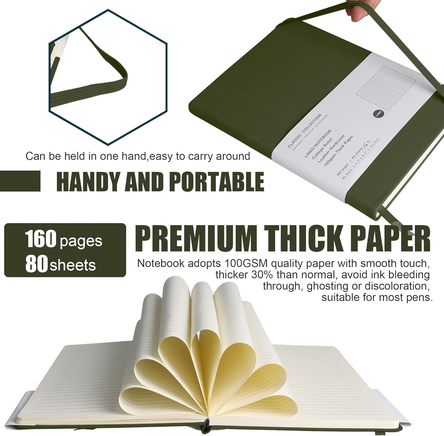 Lined Journal Notebook, (Olive Green), 160 Pages, Medium 5.7 inches x 8 inches - 100 gsm Thick Paper, Hardcover