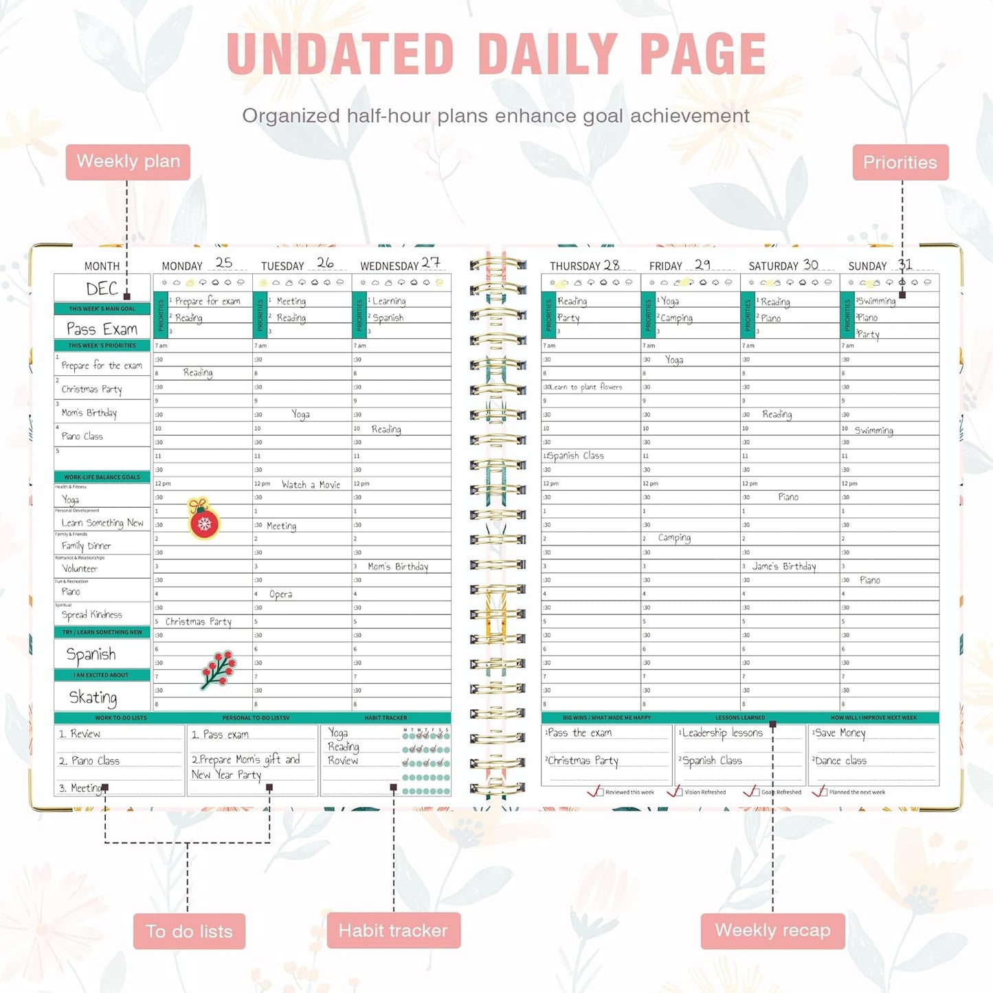 Ospelelf Undated Spiral Bound Planner 2025 Daily, Weekly and Monthly Planner, Pink Teacher Planner 12 Month 8.5 x 11