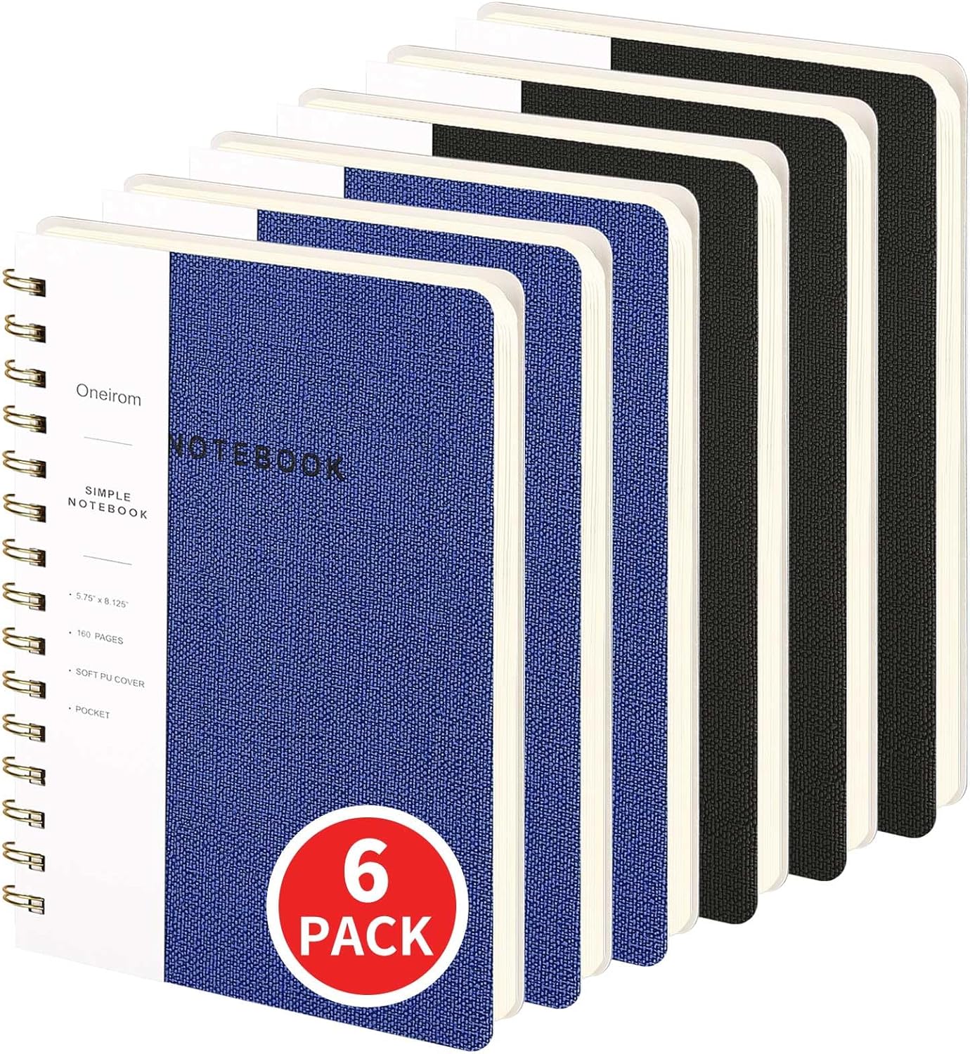 Lined Spiral Notebook College Ruled A5 Journal Book for Note Taking, 160 Pages Writing Journal for Office and Home School Supplies 5.75x8.125 inch (6pack-3Black/3NavyBlue)