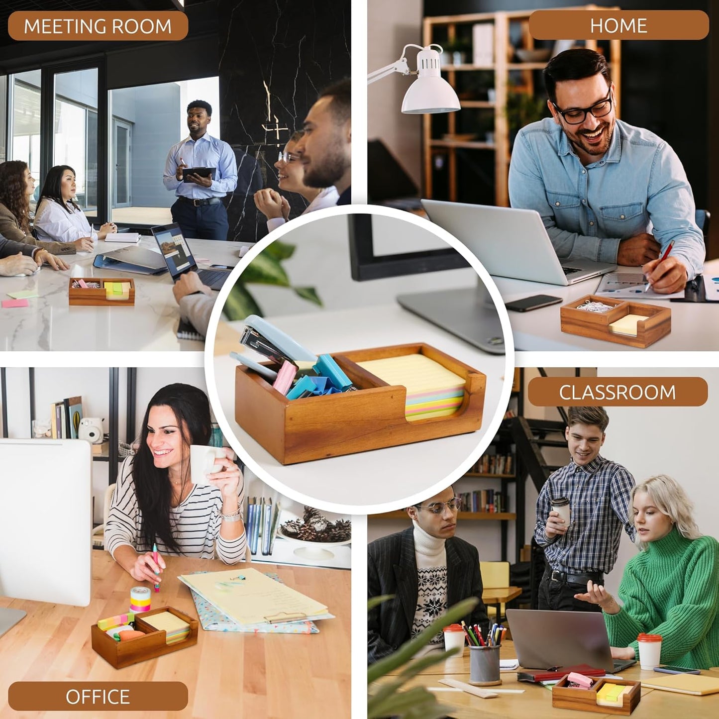 Wooden Sticky Note Holder for Desk – Solid Acacia Wood Organizer for 3x3 Note Pads, Paper Clips, Office Supplies – Compact Memo Pad Holder for Home Office, Teachers