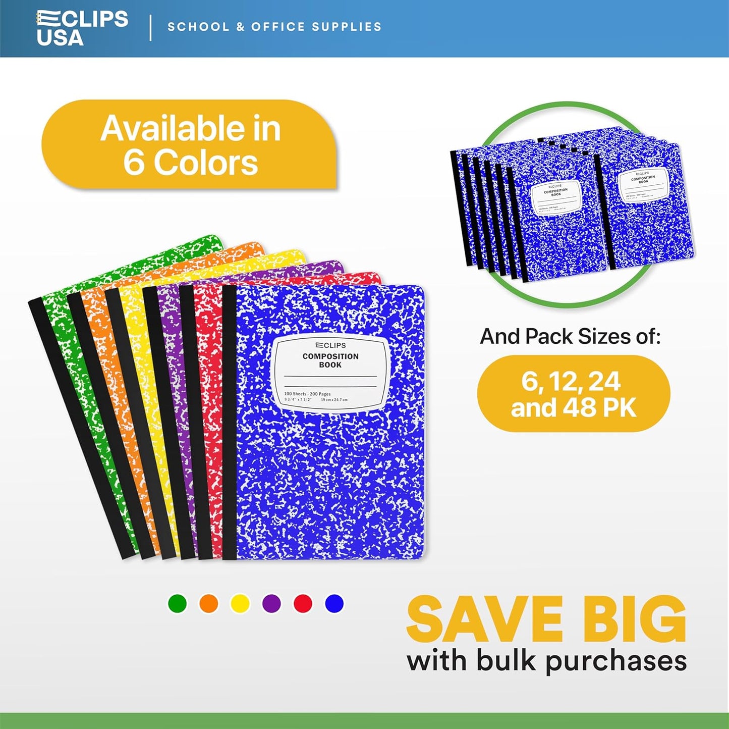 E-CLIPS USA Composition Notebooks, (48 Pack), Wide Ruled Composition Notebook, Marble Composition Notebook, 100 sheets, 200 Pages (48, Blue)