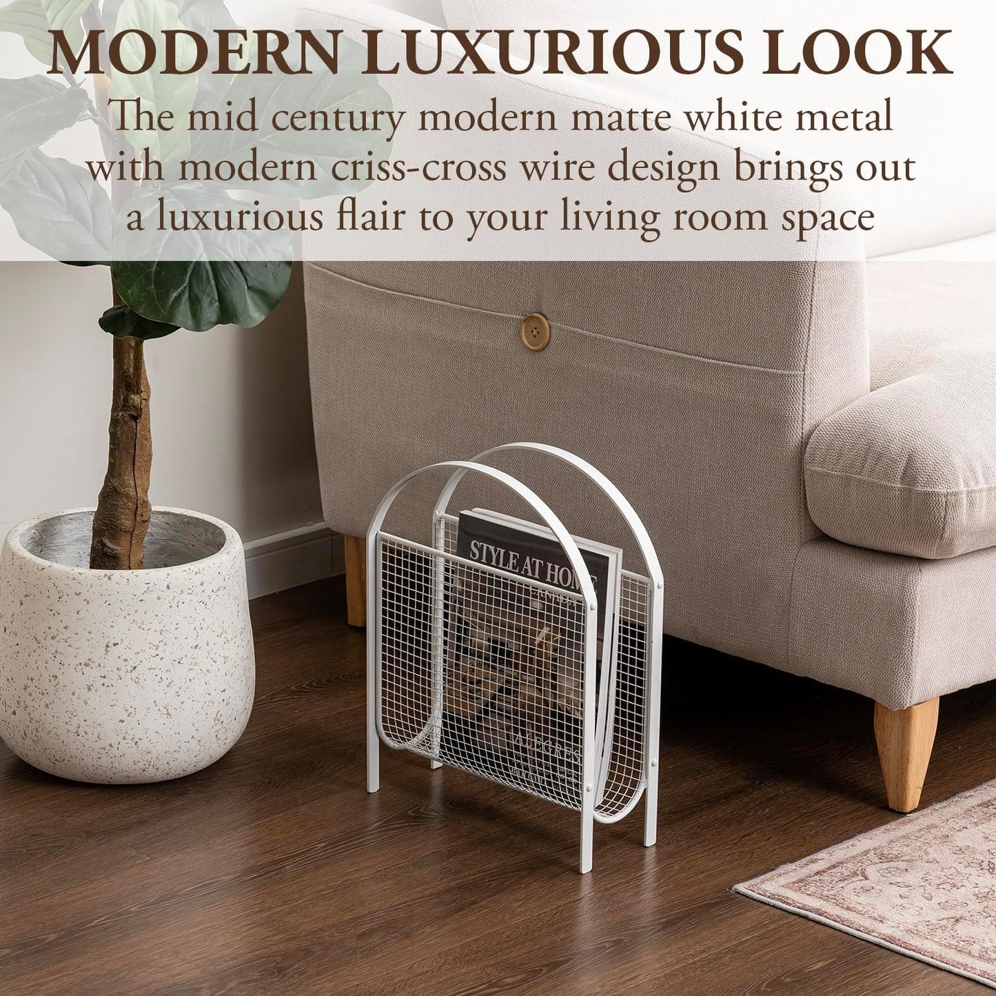 MyGift Mid-Century Design Magazine Rack, Matte Black Tone Metal Mesh Freestanding Magazine Organizer Holder Sling (White)