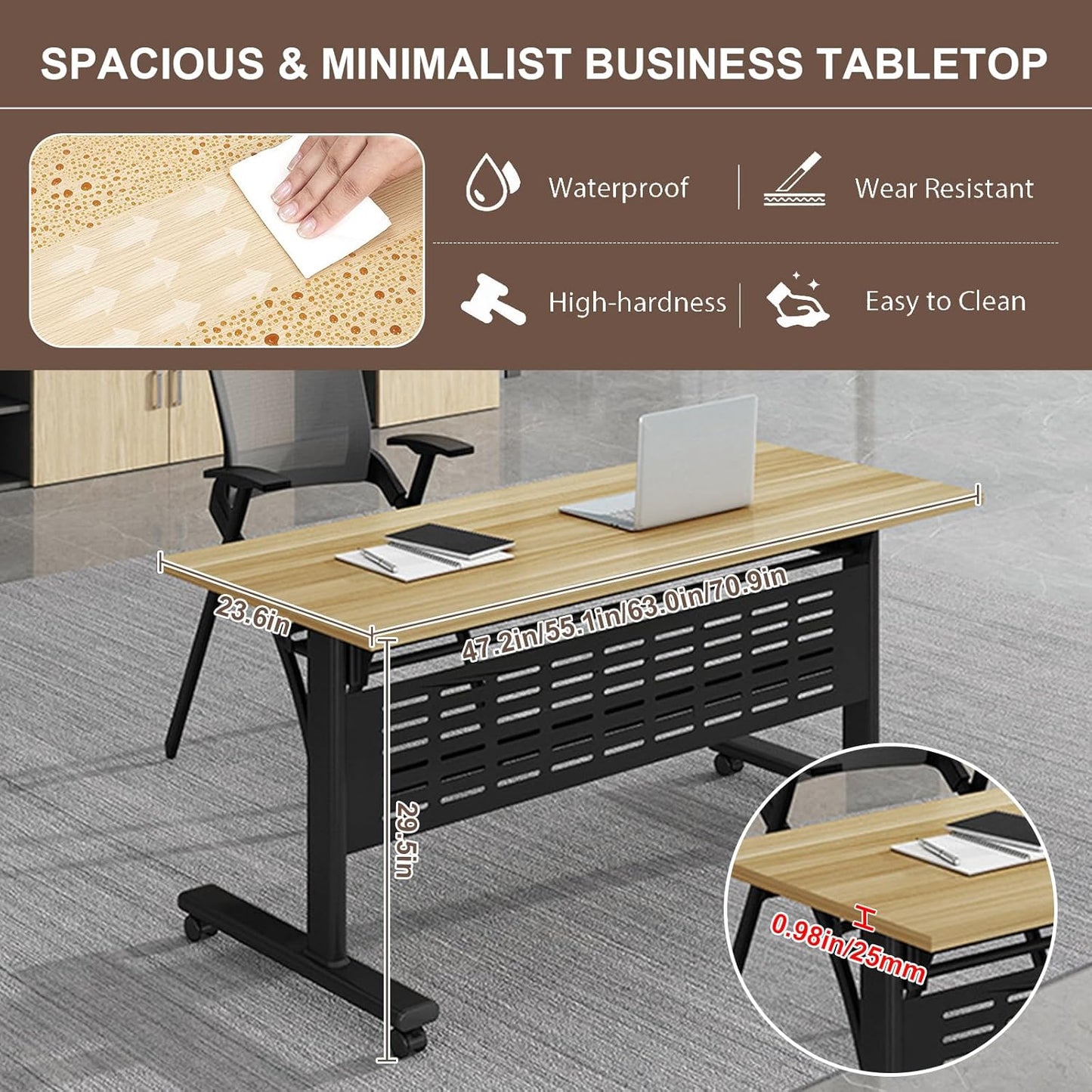 Folding Conference Room Table, Modern Conference Tables with Wheels, Large Rectangular Mobile Training Tables for Office Classroom, Foldable Modular Boardroom Seminar Table Maple (10pack L63in)