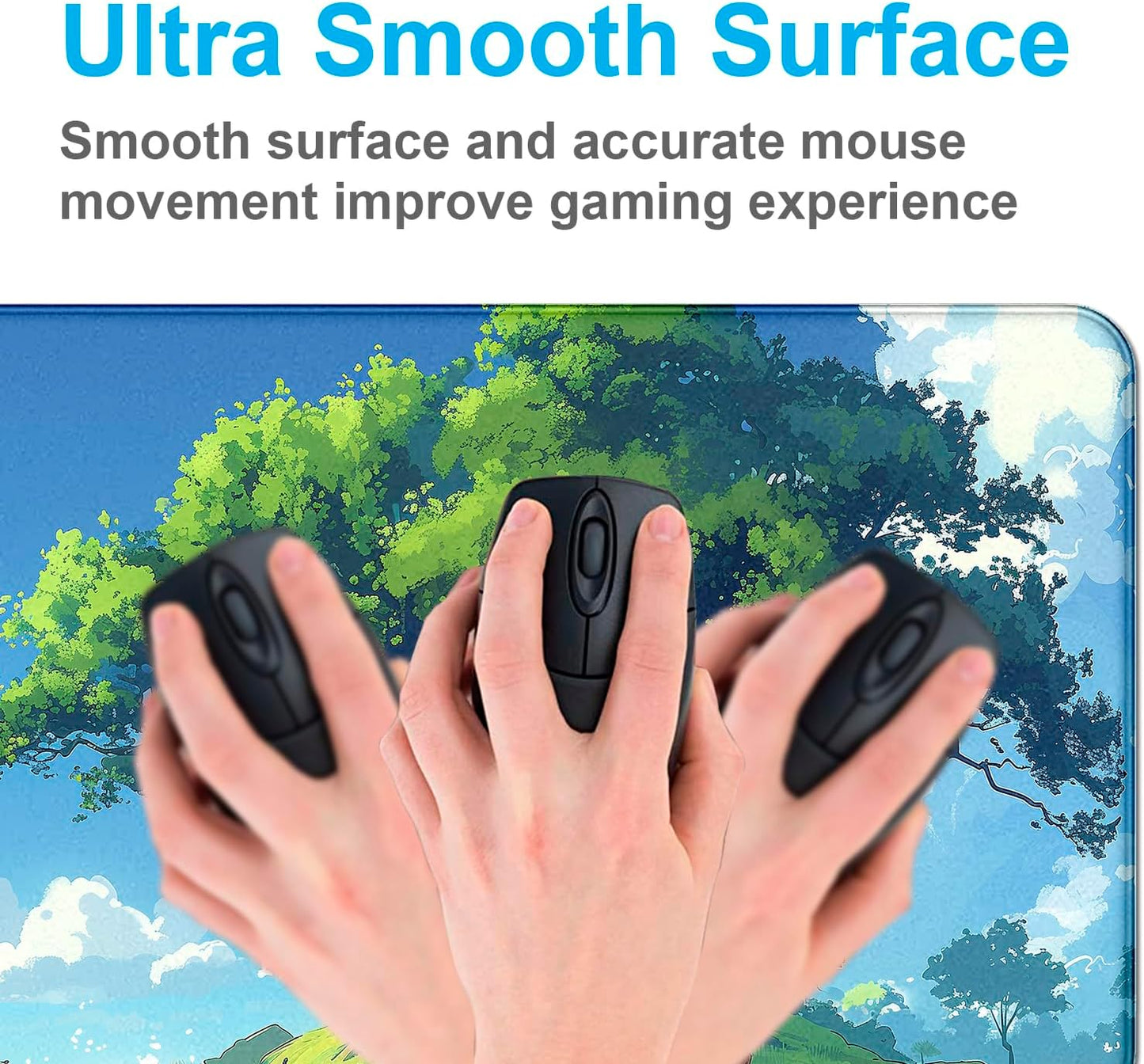 Simple and Cute Anime Landscape Computer Mouse Pad, Large Green Plant Outdoor Landscape Office Desk Pad, 35.4 x 15.7 x 0.12 Inch Sewn Edge Non Slip Rubber Base Mouse Pad