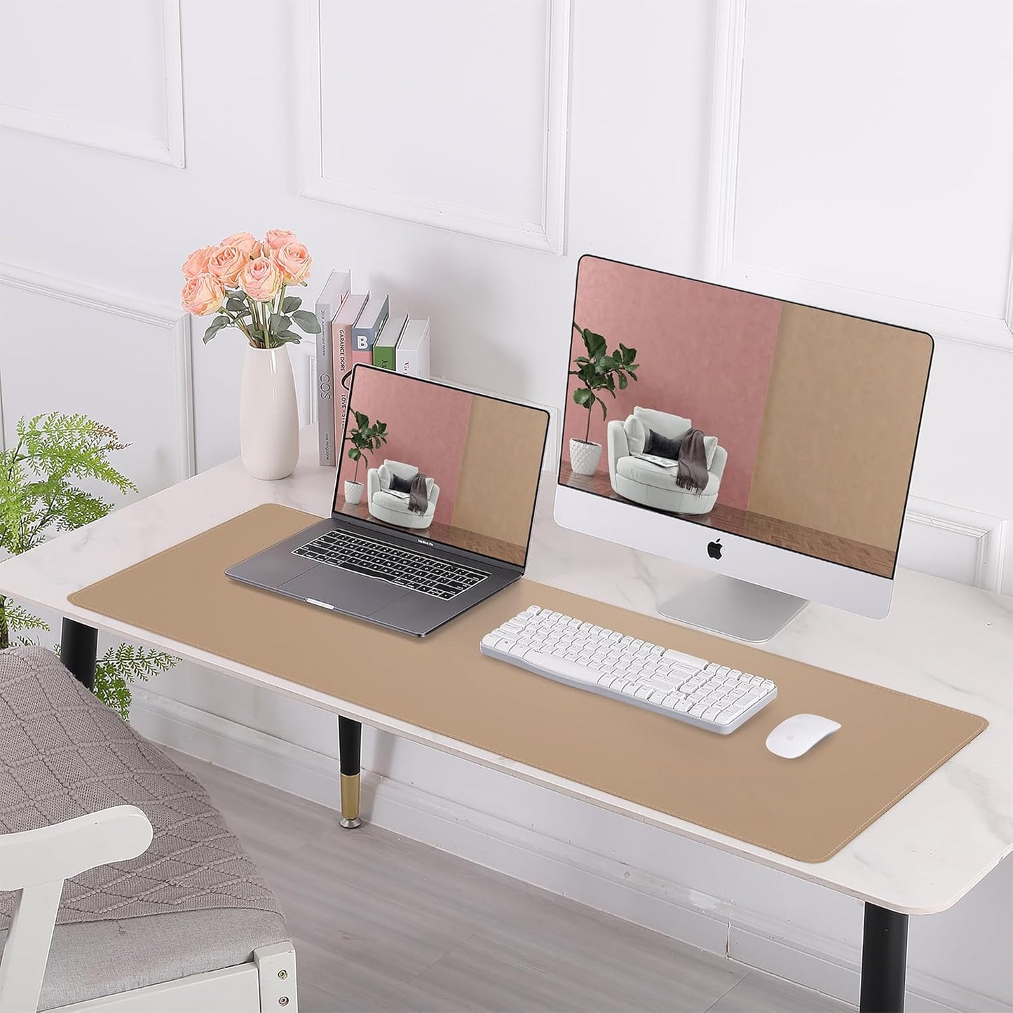 AFIING Leather Desk pad Protector, Large Desk mat with Natural Cork & PU Leather,Mouse pad,Non-Slip Office Desk Mat,Waterproof Desk Writing Pad for Office and Home (35.4in*17in,Dark Apricot)