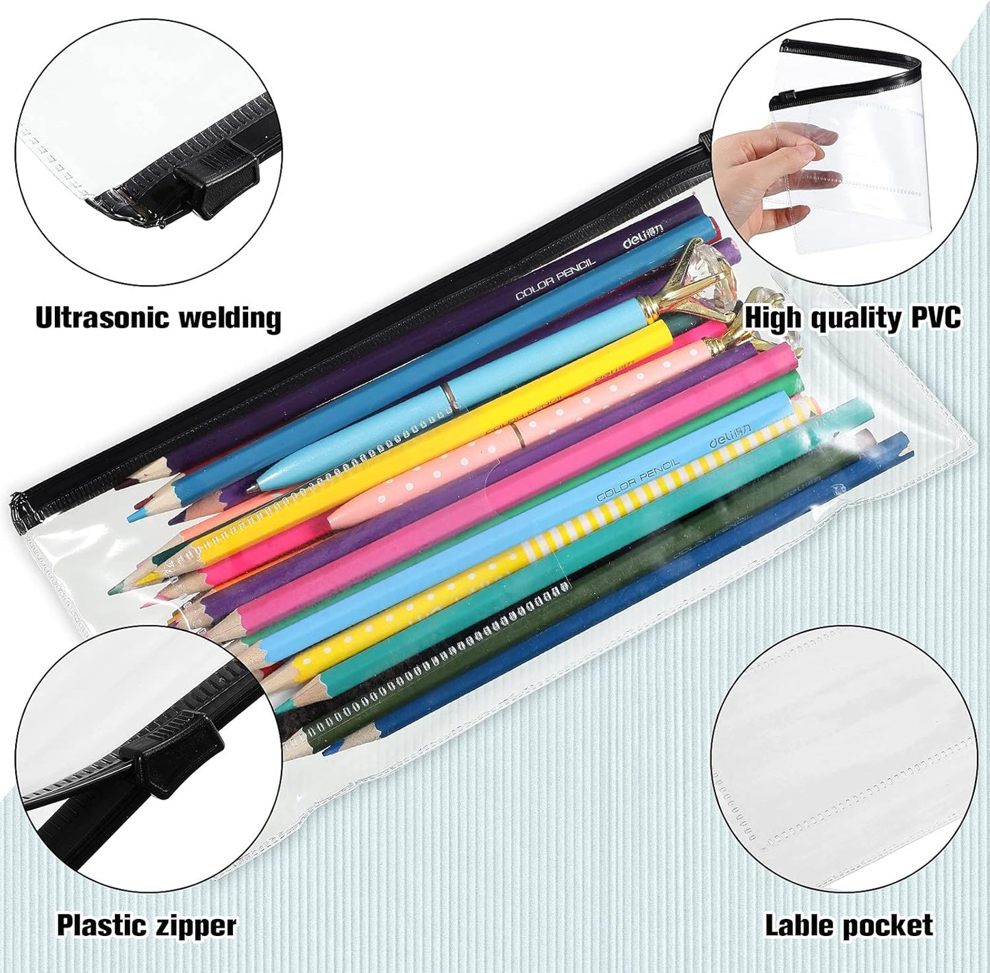Marspark 100 Pieces Clear Pencil Case Zipper Envelope Bulk with Label Pocket Clear Plastic Envelopes with Zippered, A6 Pencil Bags for Cash, School Office Supplies, 9.2 x 4.7 Inches(Black)