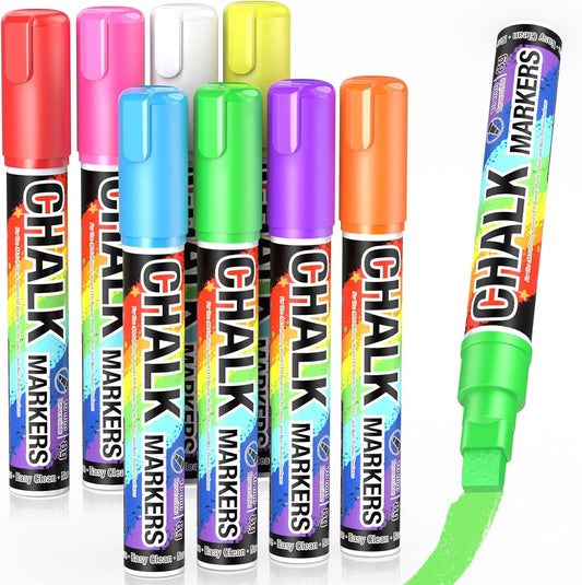 Jumbo Chalk Window Markers for Cars Glass Washable: 8 Colors Liquid Chalk Markers Pen with 10mm Wide Tip, Chalkboard Marker, Window Paint Marker for Car Window, Blackboard, Auto Windshield Decorations
