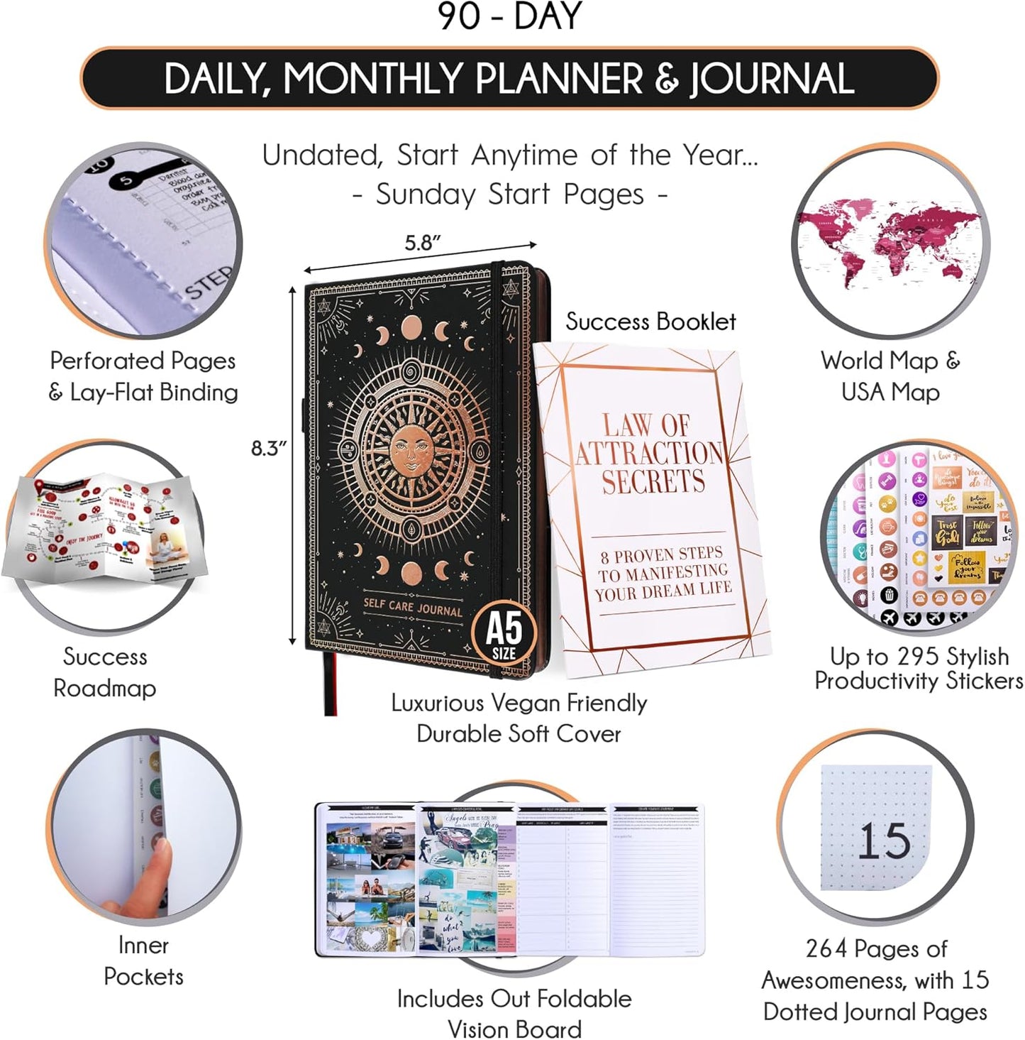 Self Love Journal - 5 Minute Self Care & Mental Health Journal | 90-Day Undated Daily Planner for Positivity, Affirmations & Gratitude | Guided Mindfulness, Reflection | Folded Vision Board + Stickers