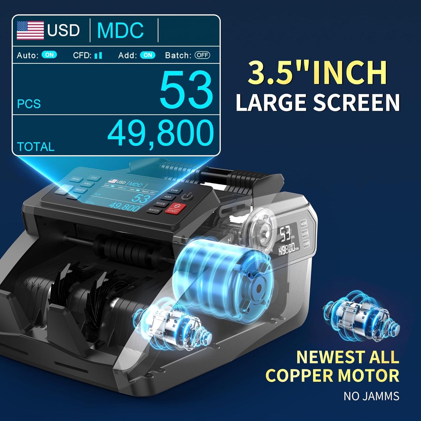 PONNOR N70 Mixed Denomination Money Counter Machine, Value Counting, Cash Counter with Three Displays, UV/MG/IR/MT Counterfeit Detection for Money Counting, Printer Enabled Bill Counter for Business