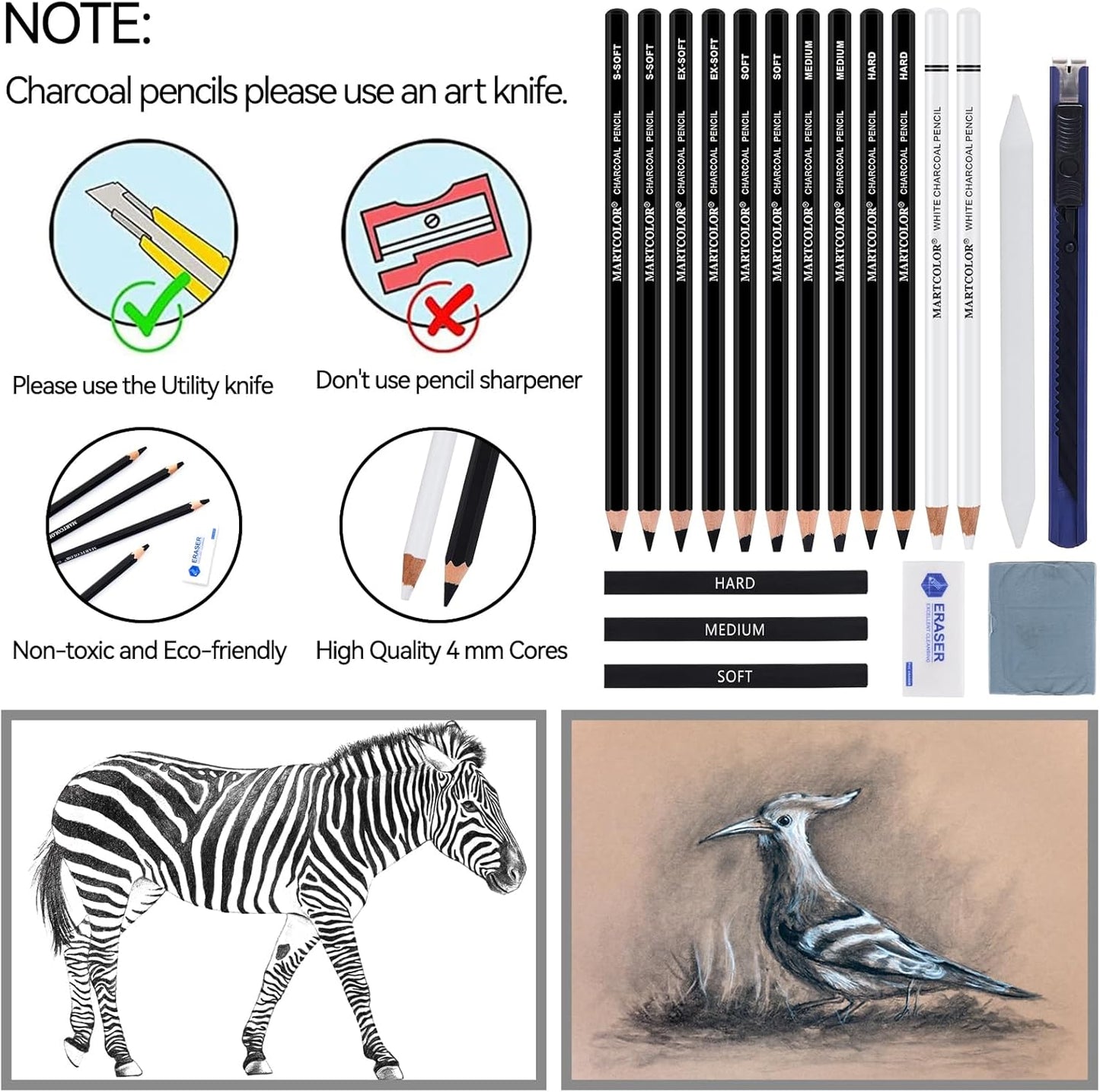 Charcoal Drawing Set, 19 Pieces, Black & White Charcoal Pencils for Drawing, Sketching, Shading, Blending, Artist Pencils for Beginners & Pro Artists