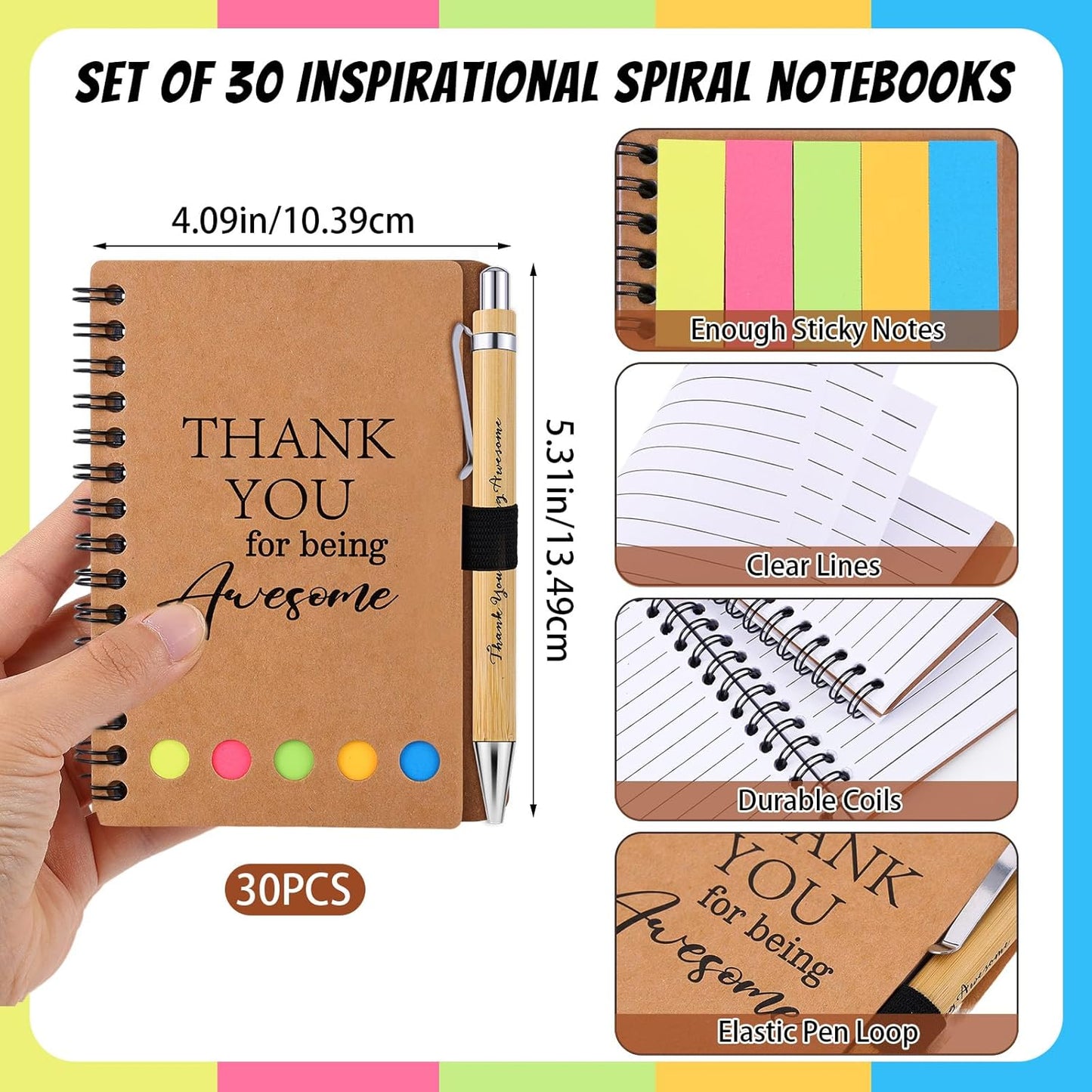 30 Sets Employee Appreciation Gifts Bulk Inspirational Spiral Notebooks with Sticky Notes Motivational Journals Ballpoint Pens Thank You Gifts for Teacher Nurse Coworker (30, Thank)