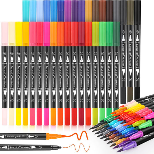 Soucolor Art Brush Markers Pens for Adult Coloring Books, Cute Preppy Stuff School Office Teacher Supplies, 34 Colors Dual Tip (Brush and Fine Point) Drawing Markers for Note Taking Journal Classroom